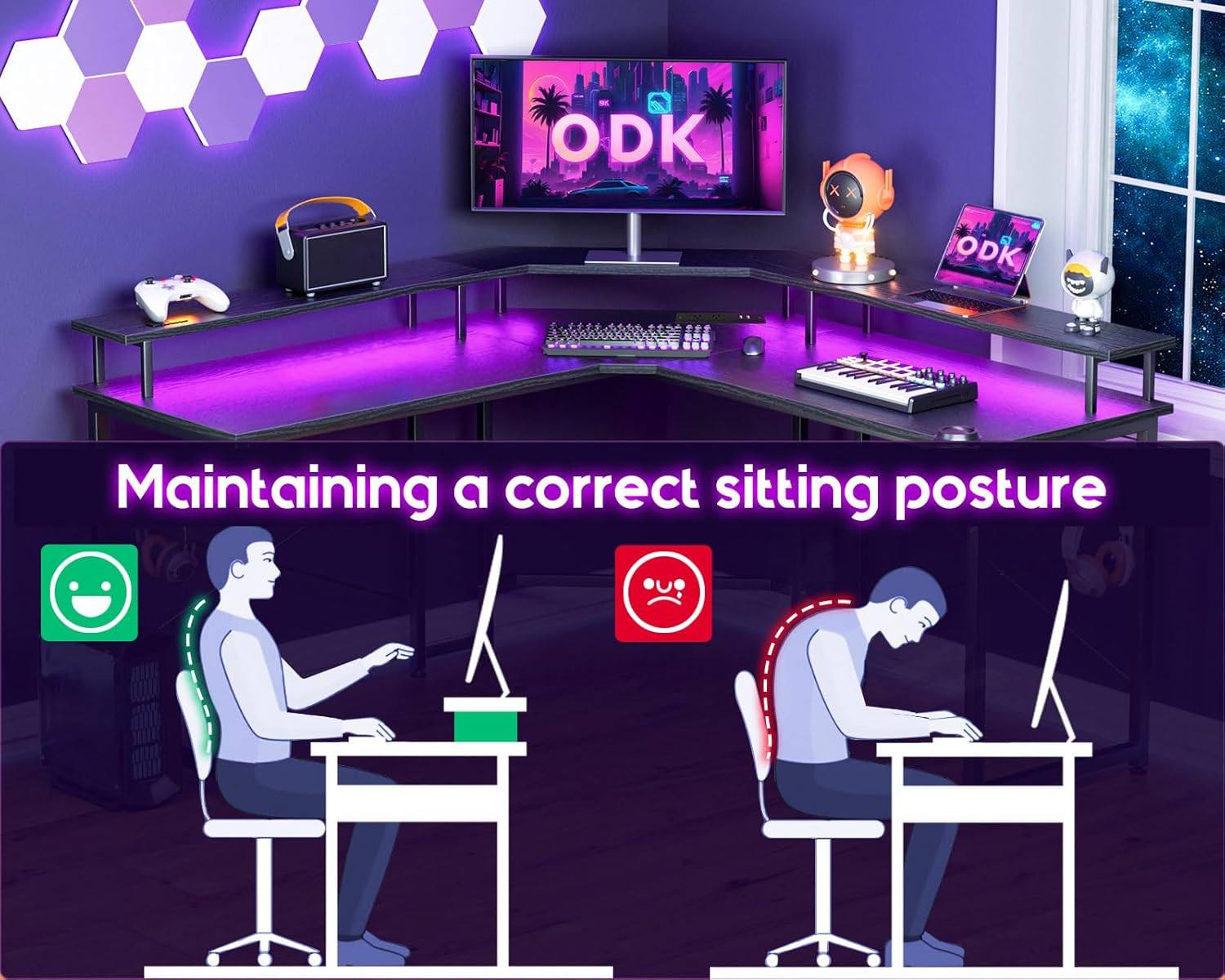 ODK Gaming Desk L Shaped with 10 Colour Lights&Power Outlet, L Shaped Desk Co... - Picture 7 of 14