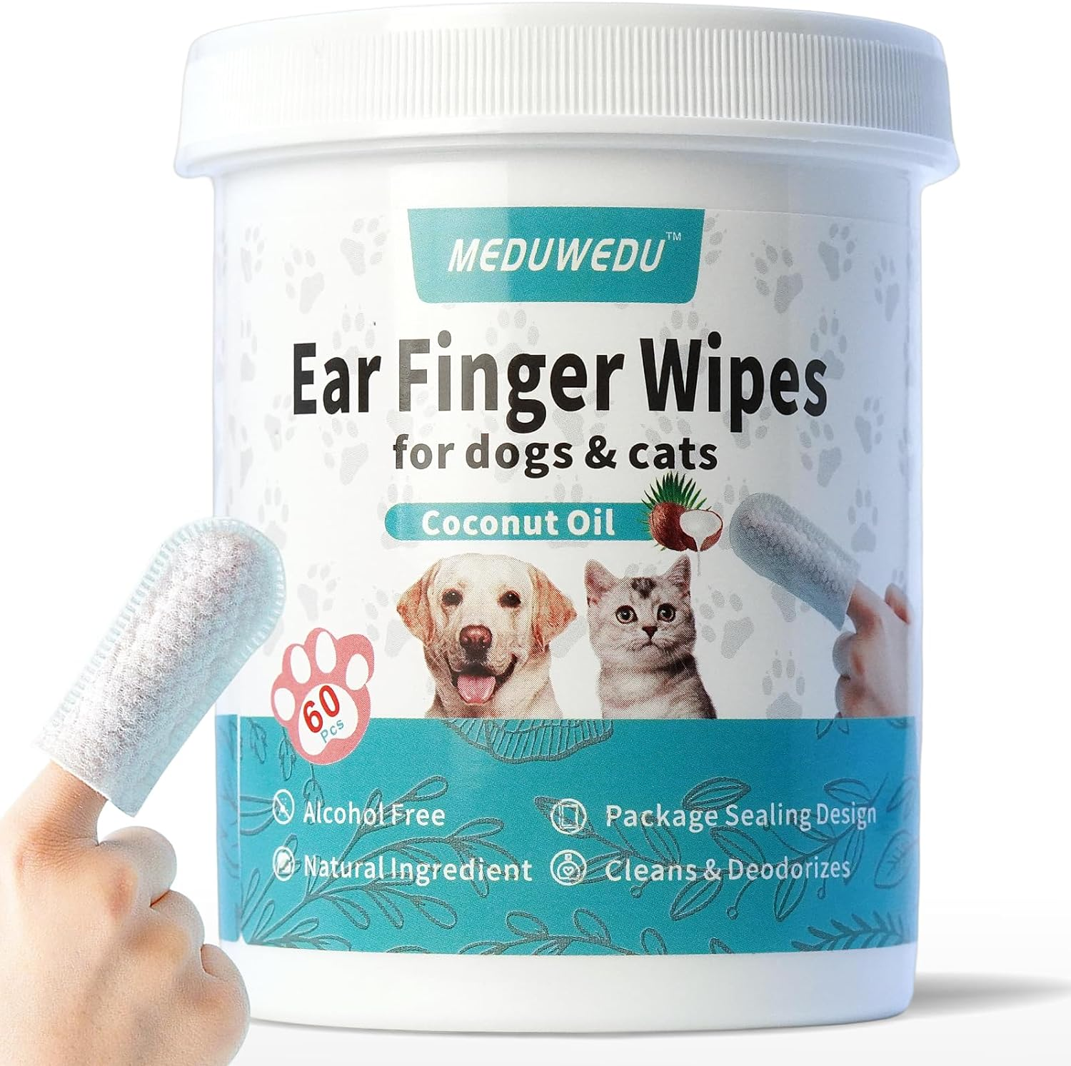 Ear Cleaner Finger Wipes 60 Counts for Dogs and Cats, Soft Otic Cleaning Pads