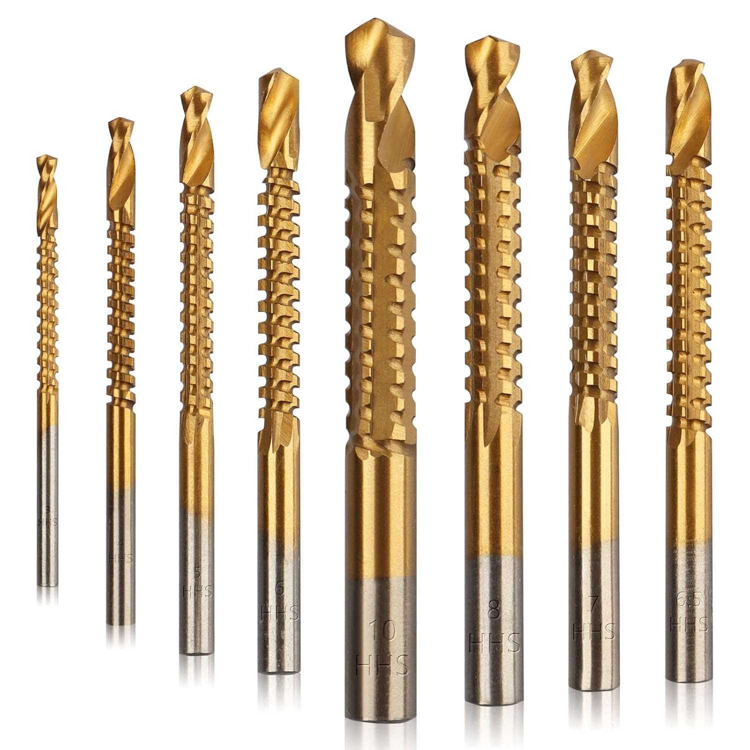 8 Pack Titanium Coated HSS Twist Drill Bits, 3-10Mm Serrated Side Cutting Drill Bit Woodworking Tools for Plastic Metal Wood Hole