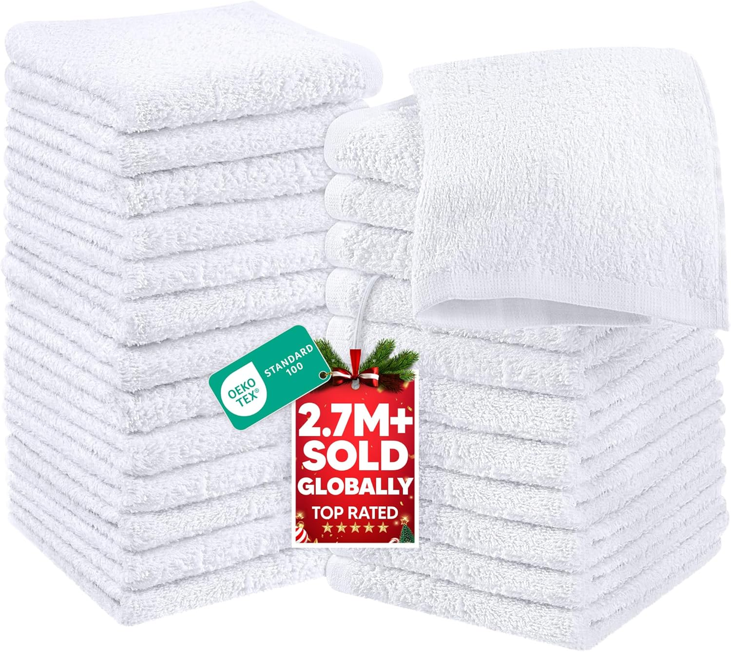 24 Pack Cotton Washcloths Set, 100% Ring Spun Cotton, Premium Quality Flannel Face Cloths, Highly Absorbent and Soft Feel Fingertip Towels, White