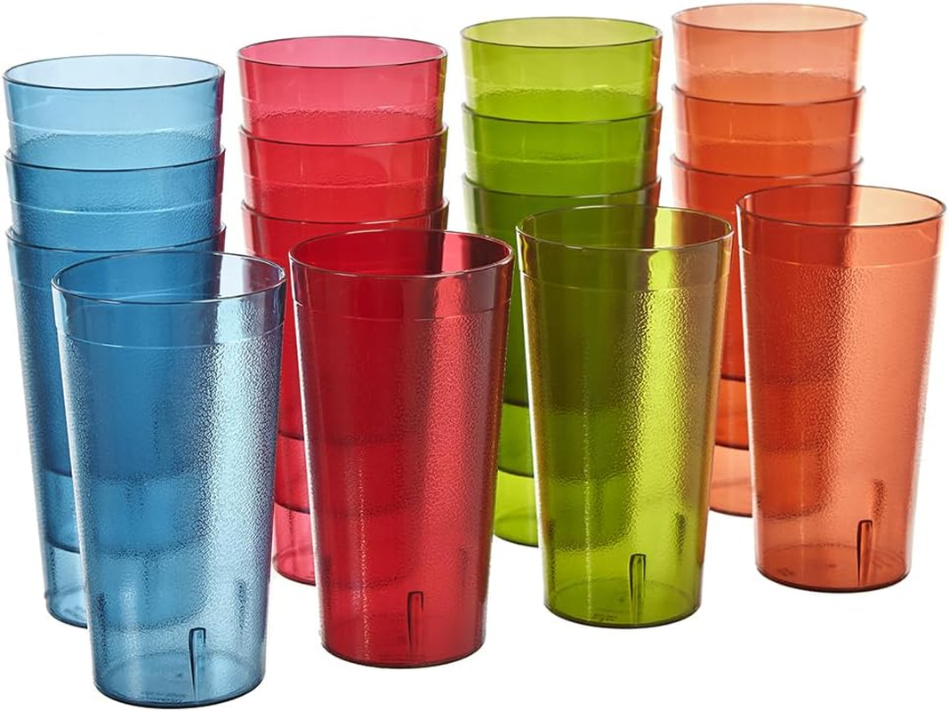 US Acrylic Cafe Plastic Reusable Tumblers (Set of 16) 20-Ounce Water Cups Assorted Colors | Restaurant Style Drinking Glasses Value Set, Stackable, Bpa-Free, Made in the USA | Top-Rack Dishwasher Safe