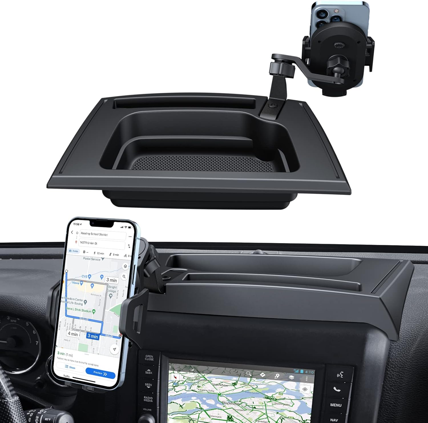 Upgraded Phone Mount for 2011-2017 Jeep Wrangler JK JKU, Multi-Mount Phone Holder Dash Tray Storage Box System Kit with Extension Arm Metal Rod