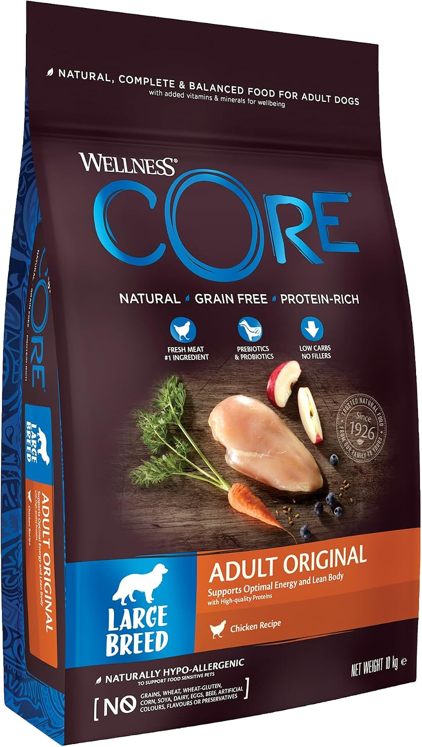 Wellness CORE Original 10 Kg, Chicken – Dry Dog Food for Large Breeds, Grain-Free, Natural, Hypoallergenic, Protein-Rich, High Meat Content, Supports Optimal Energy & Lean Body