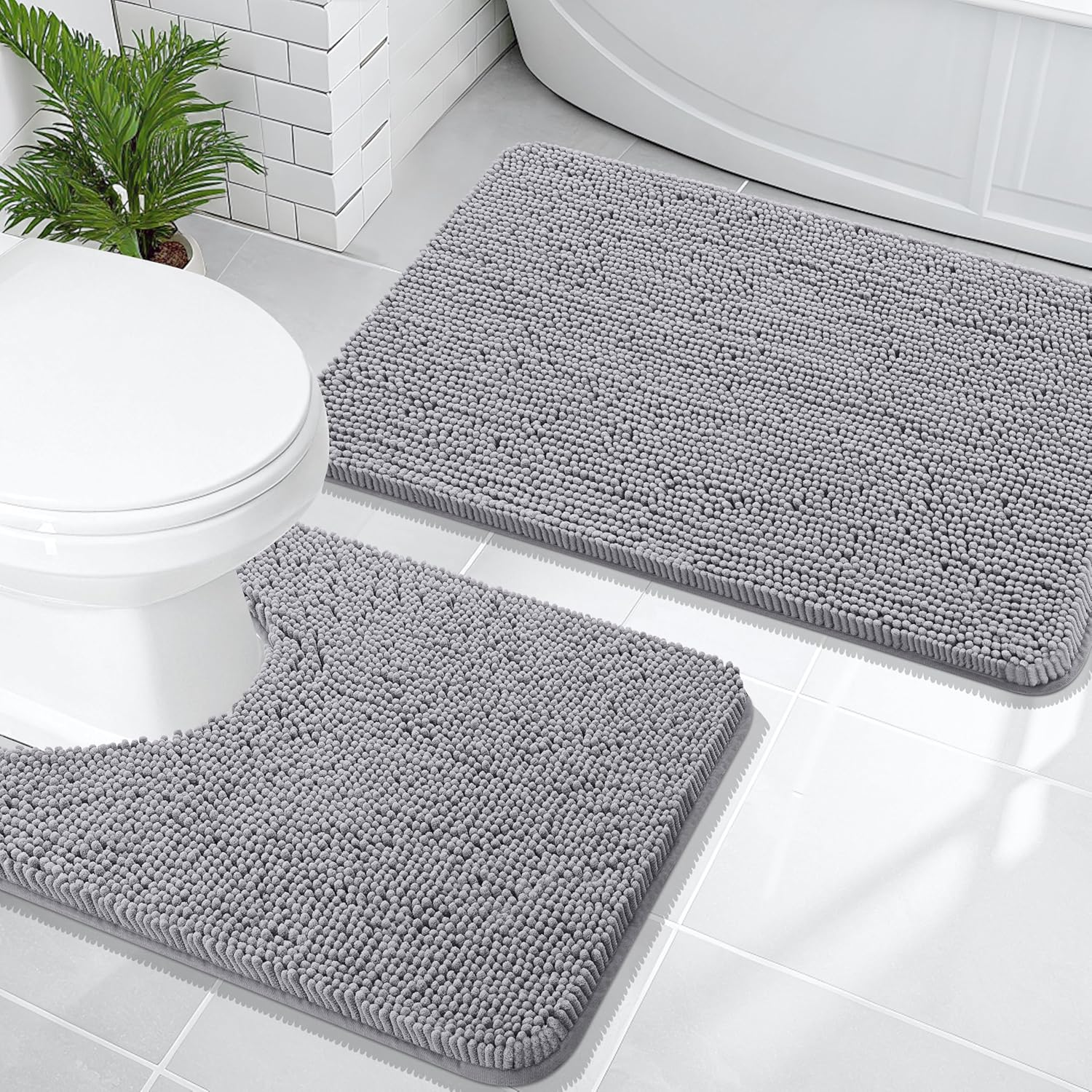 Gray 2 Piece Bathroom Rug Set Chenille Bath Mats U-Shaped Contour Toilet Mat