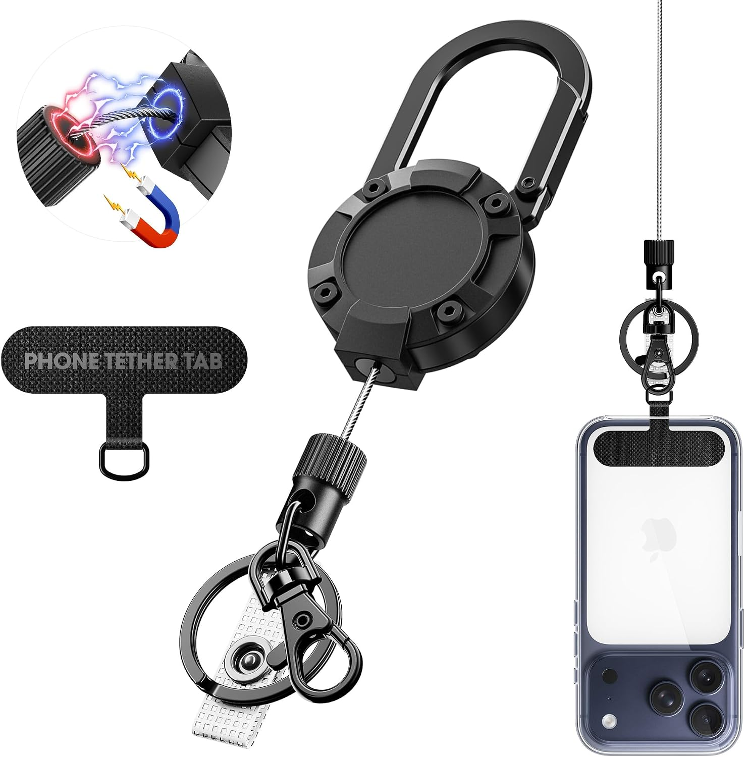 Cell Phone Lanyard Anti-Theft Phone Tether - Retractable Steel Line, Locking Magnetic Closure, Universal Anchor