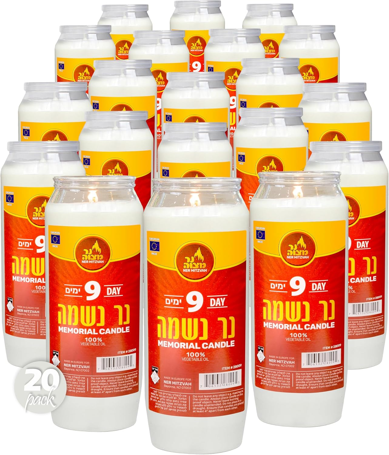 9 Day Yartzeit Candle - 20 Pack Kosher Yahrtzeit Memorial and Yom Kippur Candle in Plastic Holder