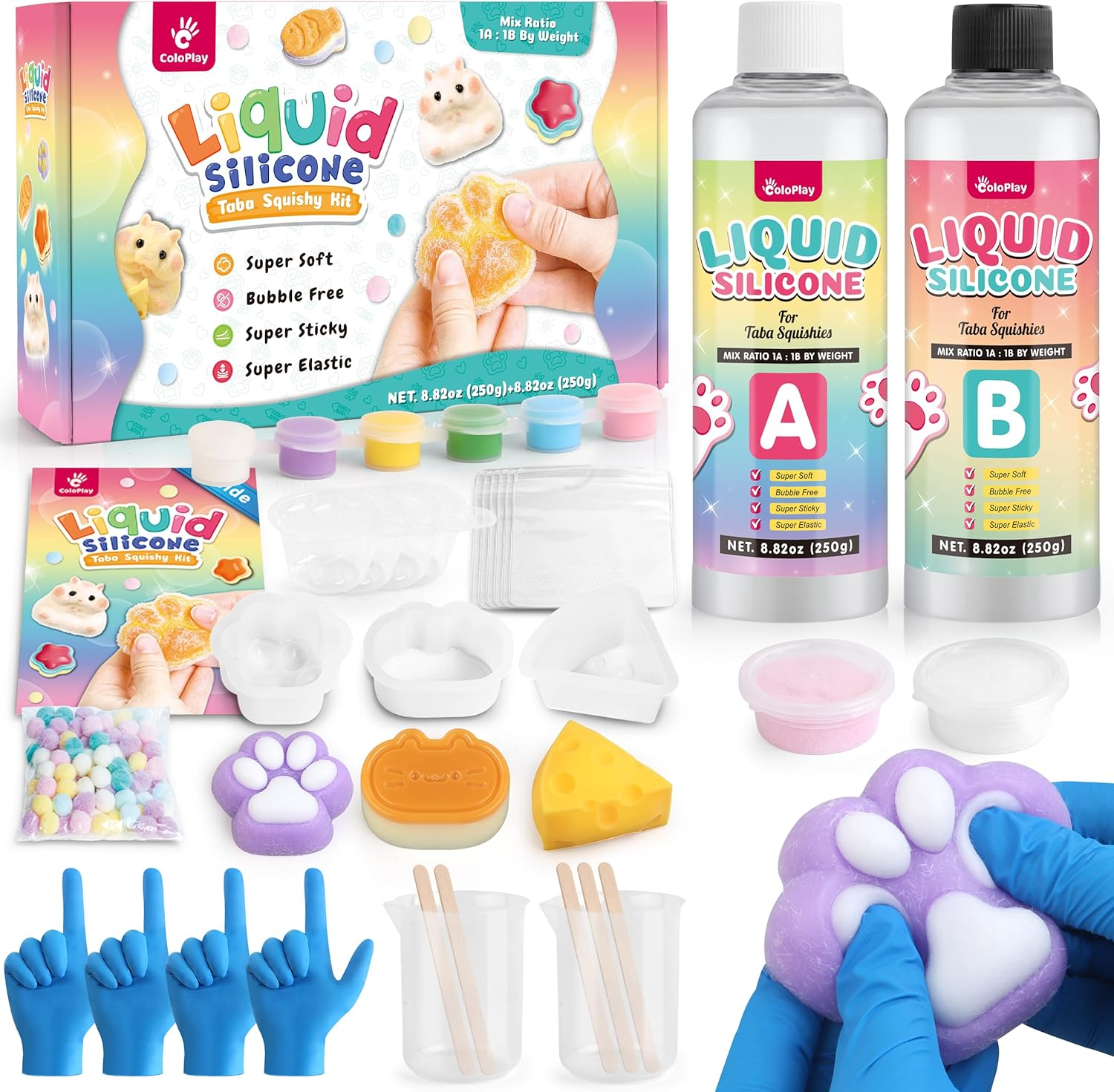 Coloplay Taba Squishy Kit - 18OZ Rubber with Guided, Bubble Free and Faster Fully Cures - Fufu Squishy Kit with Mold, Flocking Powder - Stress Relief Entertainment