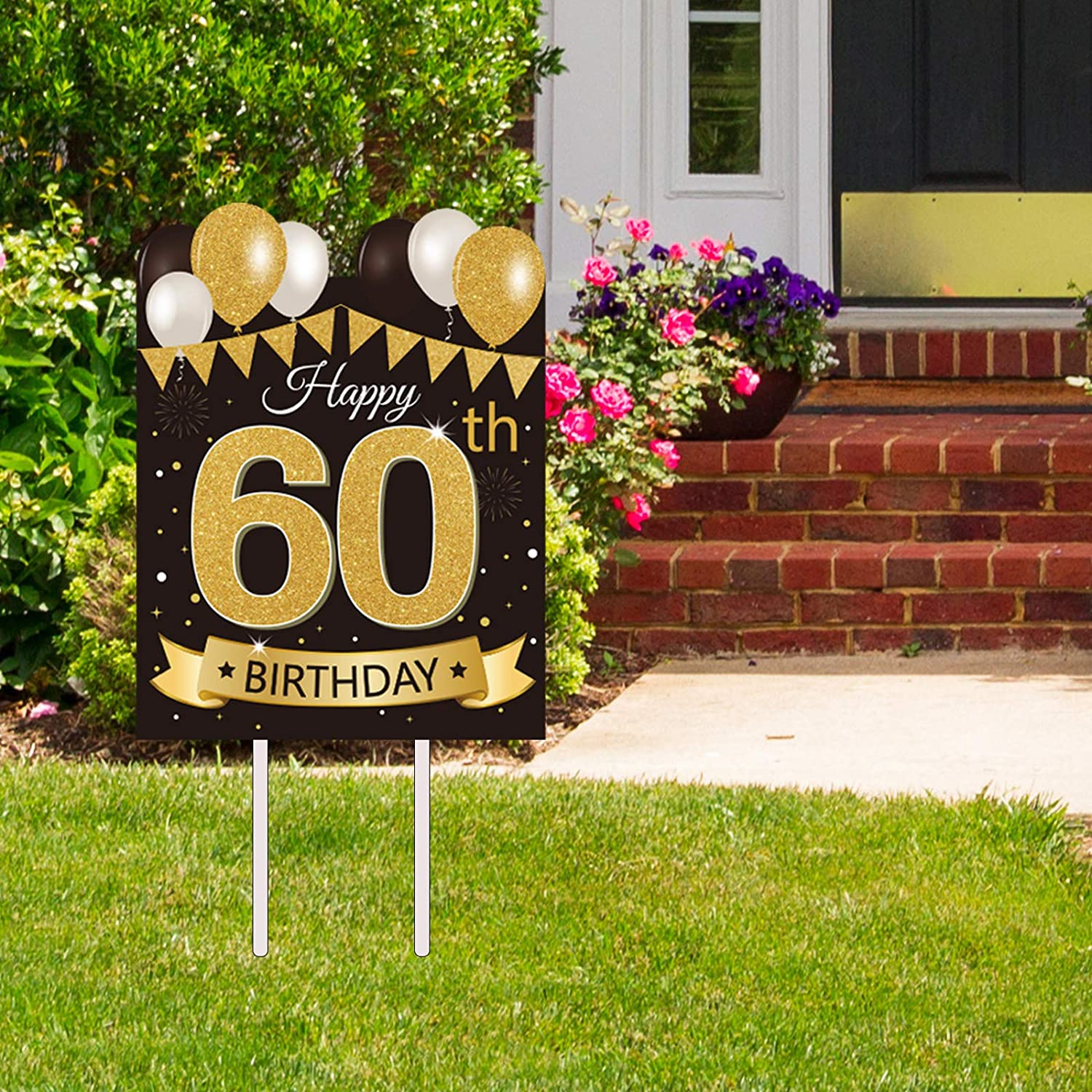 Large Happy 60Th Birthday Party Yard Sign Black Gold 60 Birthday Yard Signs with Stakes and Outdoor Lawn Decorations