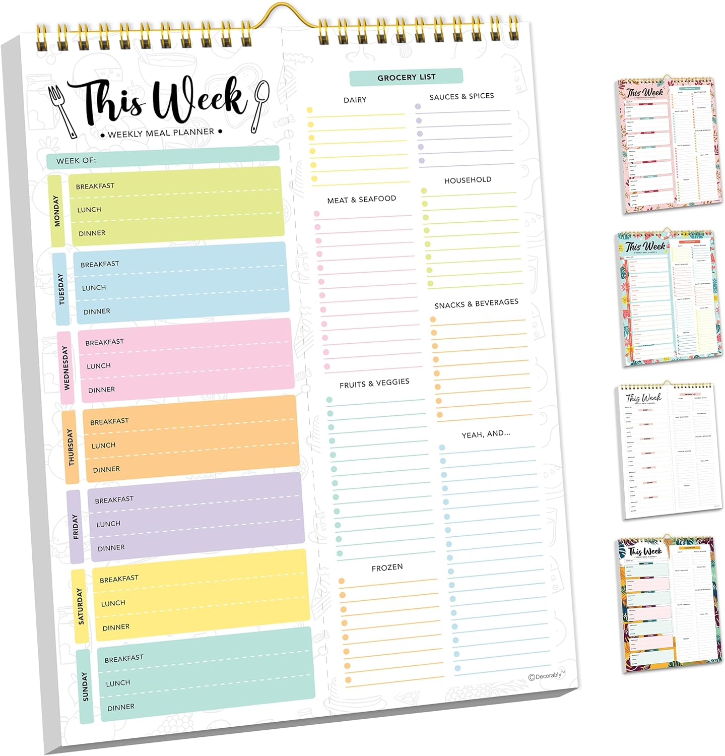 52 Sheets Pastel Undated Magnetic Weekly Meal Planner and Grocery List Notepad with 4 Strong Magnets - 8.5X11In Spring-Bound, Refrigerator Mountable, Easy Tear-Off Design
