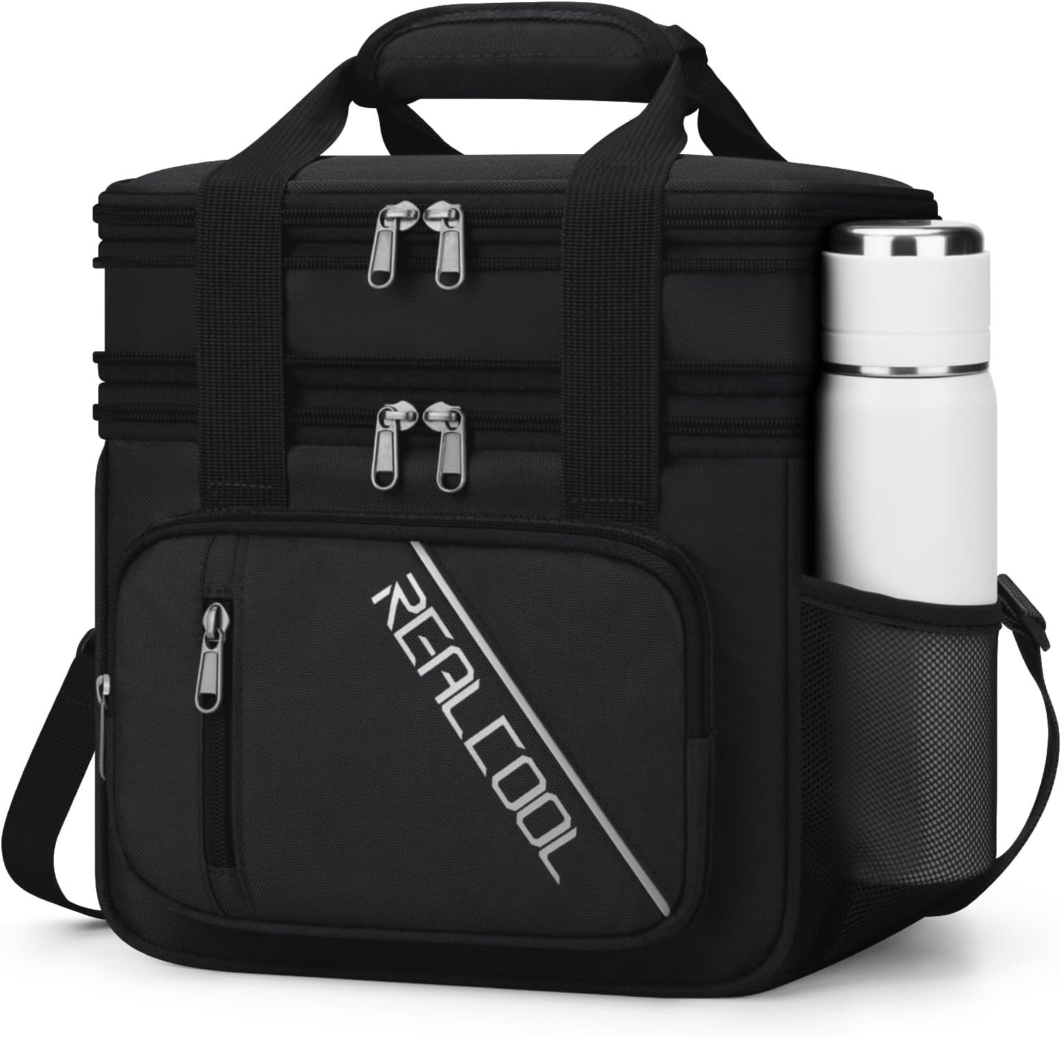 Lunch Bag, Insulated Lunch Box for Men Women, Double Deck Leakproof Soft Cooler Bag with Adjustable Strap, Reusable Lunchbox for Work, Travel, Camping (Black)