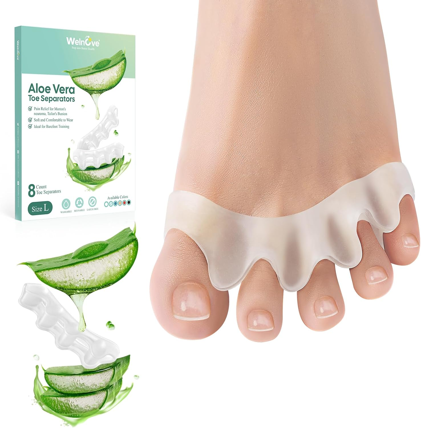 Welnove 8 Pack Toe Separators, Bunion Corrector for Women/Men, Toe Spacers, Foot Alignment - Dividers to Correct Bunions, Hammertoes, Relief Restore Feet (Clear-Aloe Vera)