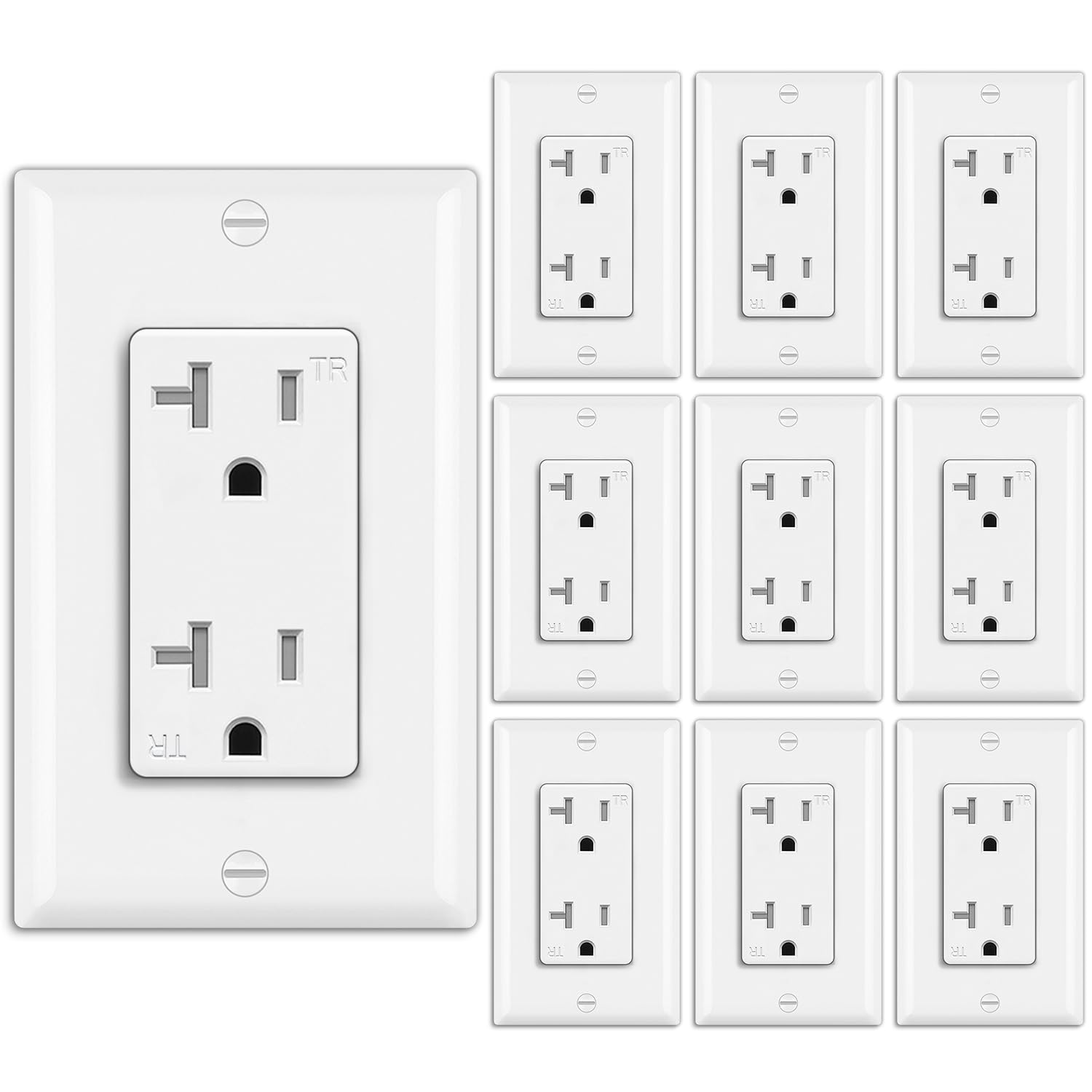 10 Pack - 20 Amp Tamper Resistant Wall Receptacle Outlet with Decorator Wallplate, Standard TR Electrical Outlet for Residential and Commercial Use, 20A/125V/2500W, cUL Listed, White
