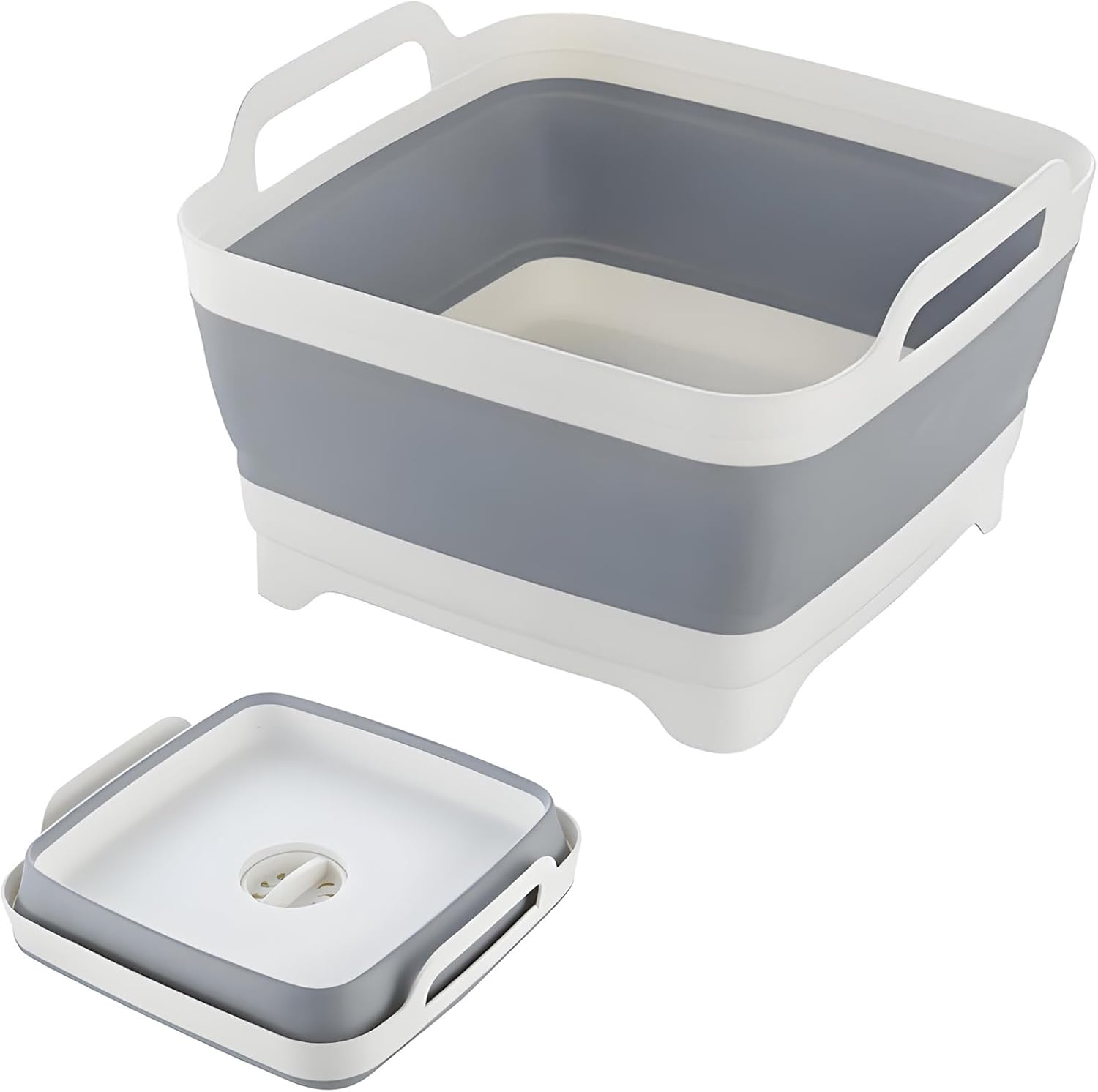 Collapsible Dish Basin with Drain Plug, 9L 2.4 Gallon Portable Wash Basin Dishpan Space Saving Dish Washing Tub Foldable Sink Tub Kitchen Storage Tray Grey