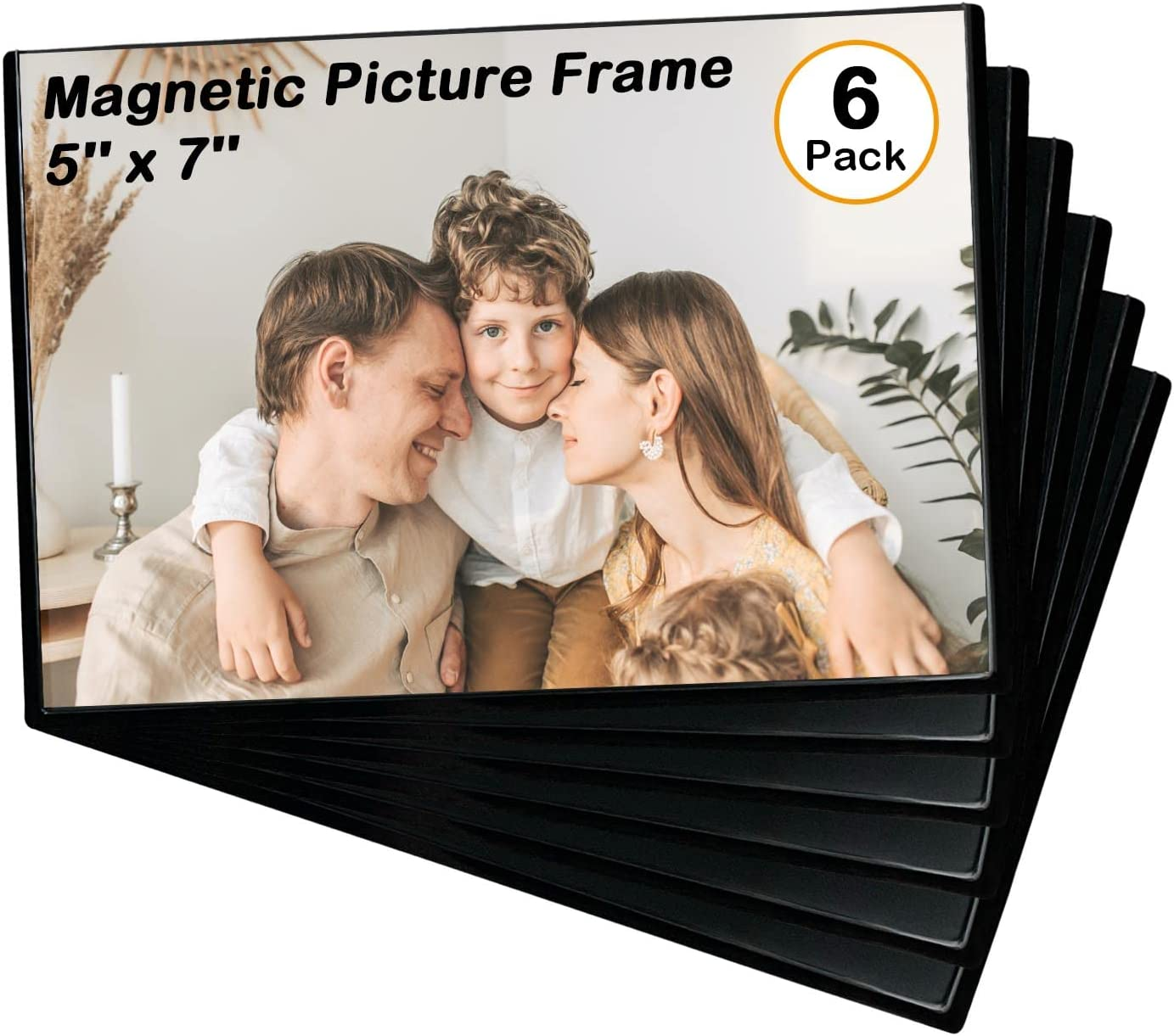 Magnetic Picture Frame, Holds 5X7 Inches Pictures, Reusable Black Magnet Fridge Photo Sleeves for Refrigerator, Locker,Office Cabinet (Black, 6) (6Pcs)