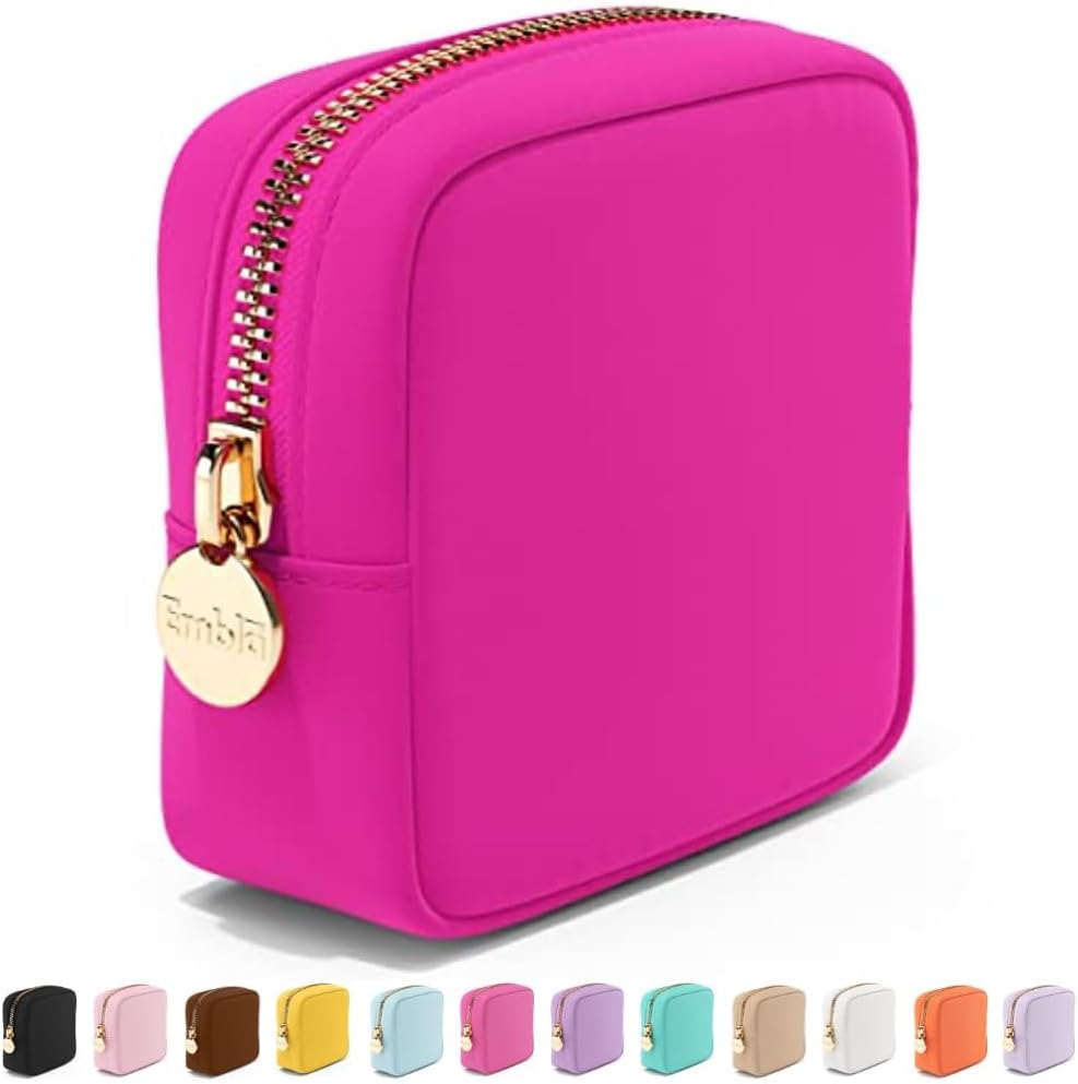 Makeup Bag Travel Cosmetics Pouch and Toiletry Bag, Nylon Zipper Pouch Purse, Cute Make Up Organizer Storage Tote for Women Girls, Waterproof Travel Skincare Case, Small Makeup Bags, Fuchsia