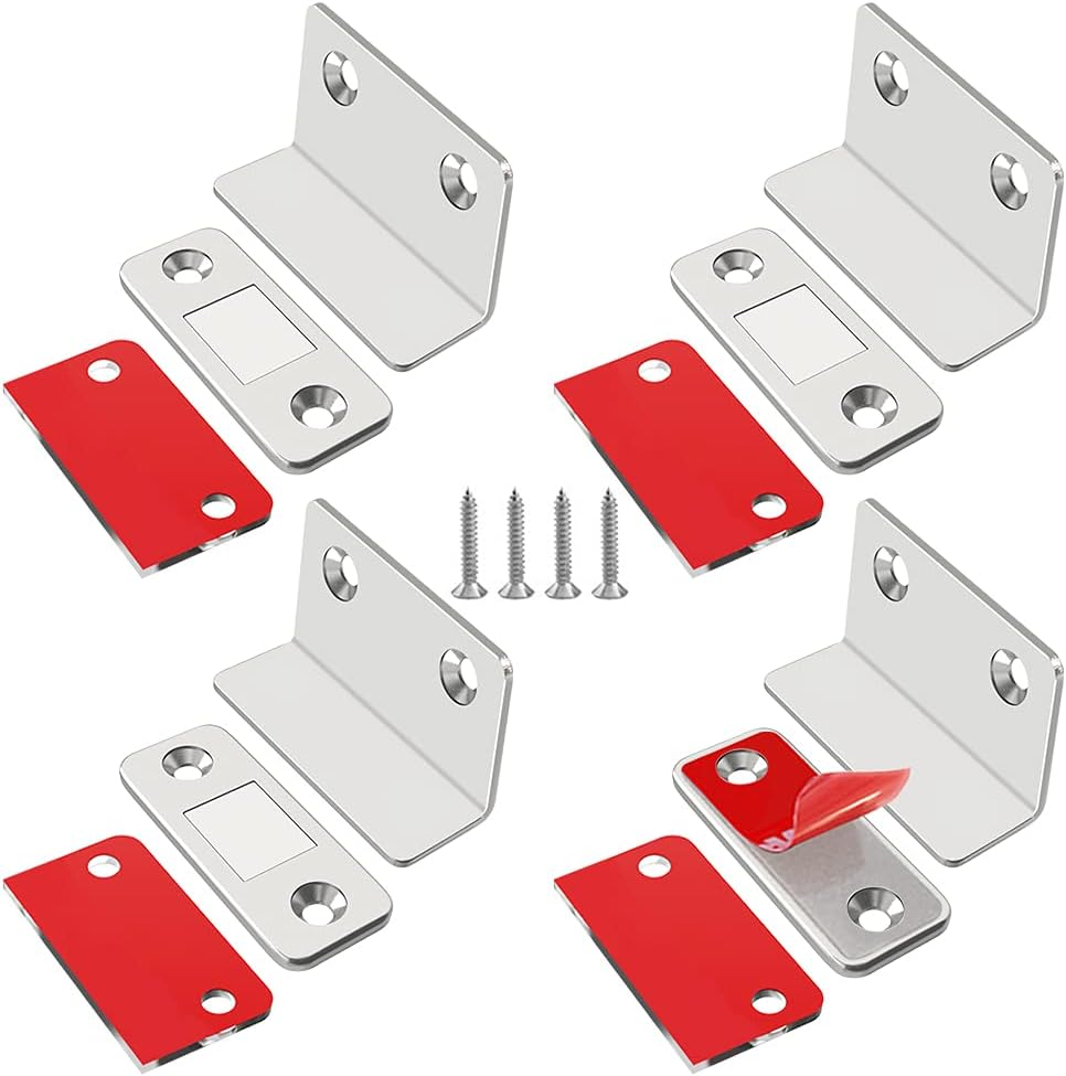 Magnetic Door Catch L-Shaped 4 Pack Ultra Thin Cabinet Door Magnetic Catch for Drawer Magnets Adhesive Cabinet Latch Magnetic Closures for Kitchen Closet Door Closing Magnetic Catch Closer