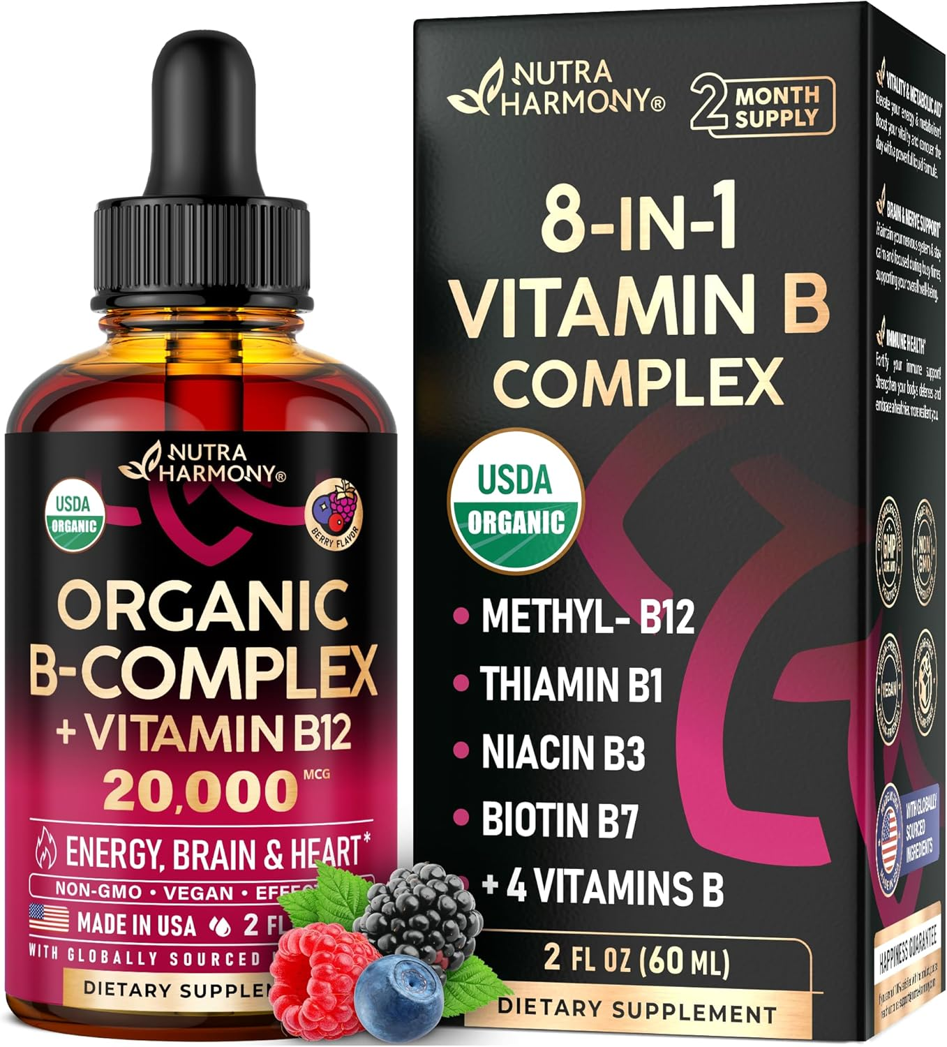 Organic B-Complex Liquid Drops - Vitamin B5, B12, B1, B6, B7, B9, B3 Supplement, 2fl oz