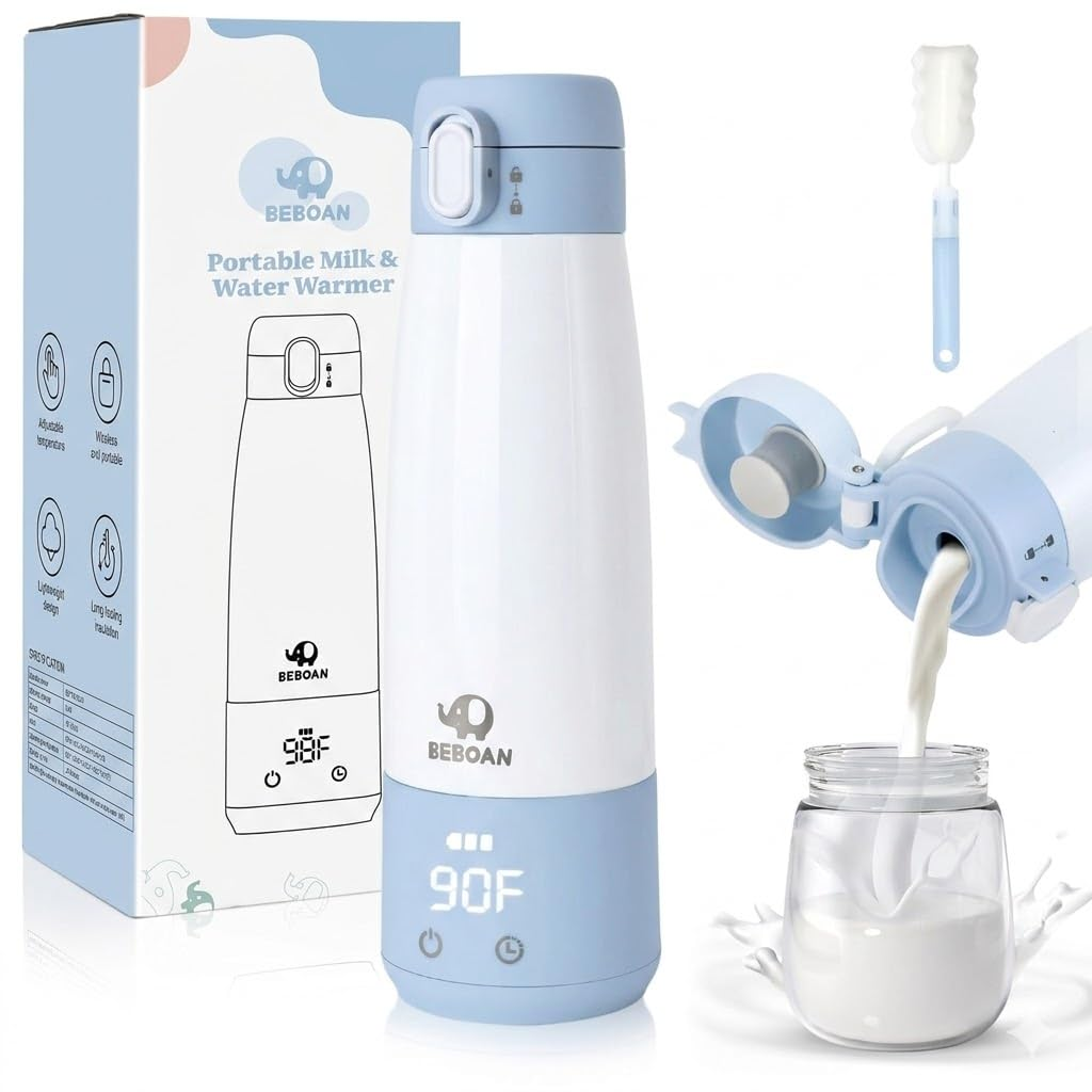 Portable Milk/Water Warmer for Travel, Cordless Breast Milk Formula Bottle Warmer, Smart Temperature Control 5-Temp Setting with Lock, 12Oz Large Capacity, Blue
