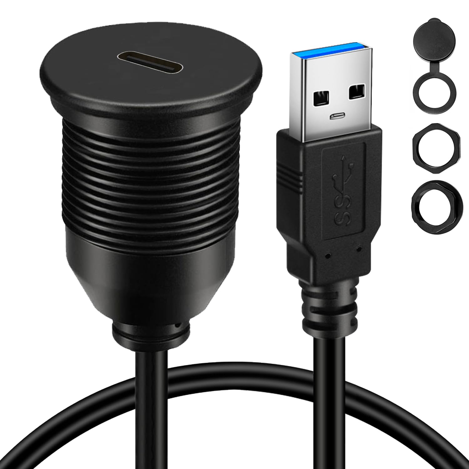 Single Port USB 3.0 Male to Type C 3.0 Female Car Flush Mount Cable USB C 3.0 Panel Mount Extension Cable for Car Truck Boat Motorcycle Dashboard 3Ft