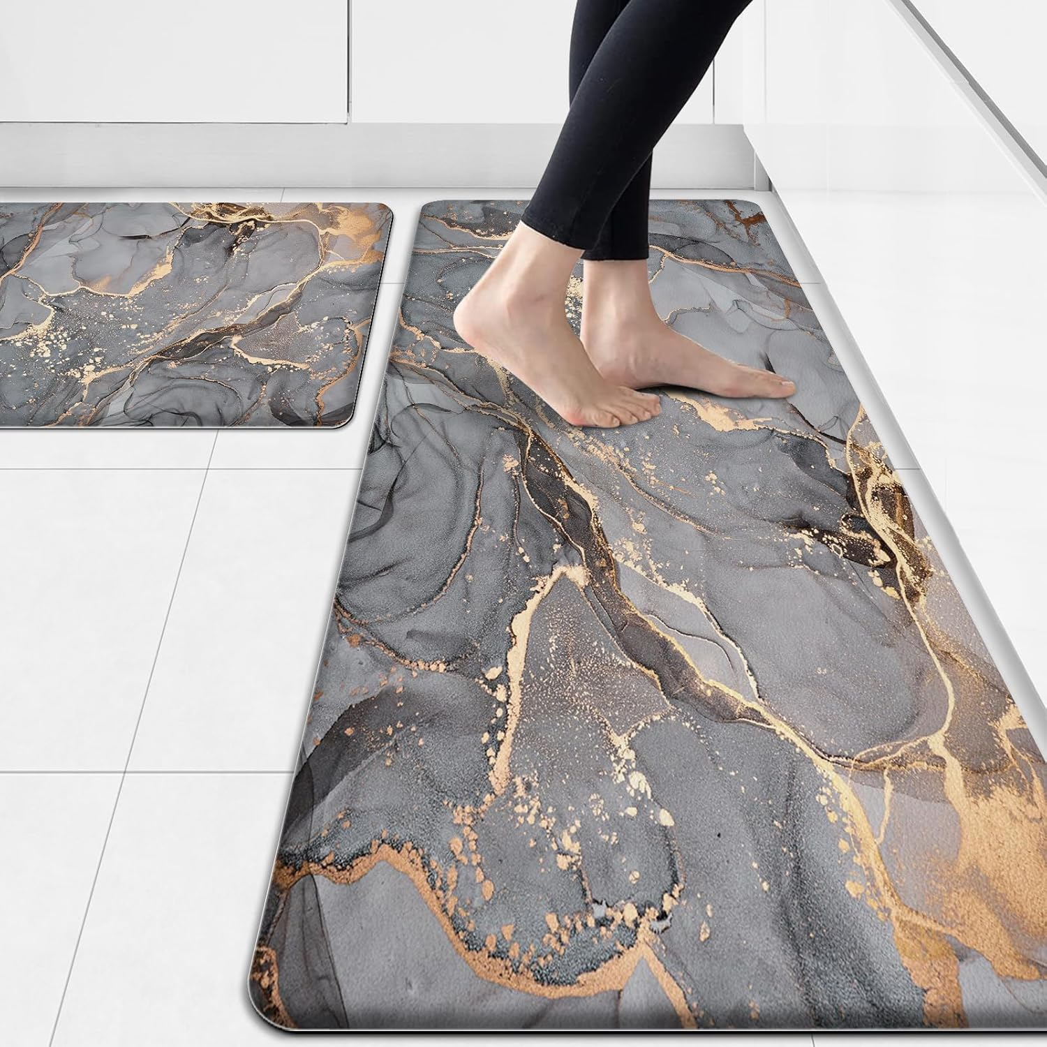 Kitchen Mat anti Fatigue Cushioned Set of 2 Grey Kitchen Rugs Non Slip Waterproof Kitchen Floor Mats Gold Kitchen Accessories and Decor Comfort Memory Foam Kitchen Mats for Floor Laundry Room