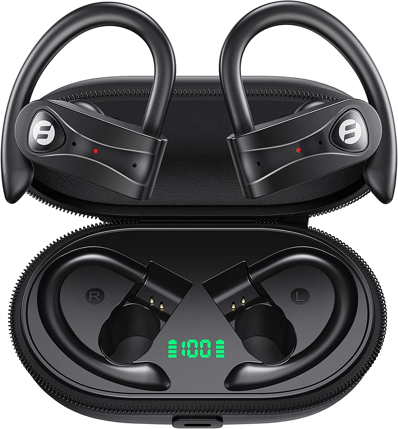 Wireless Earbuds 4 Mic Clear Call Bluetooth Headphones Wireless Charging Case Stereo Bass Sound 60H Playtime over Ear Earphones LED Digital Display Headset with Earhooks for Sports Running Workout Gym