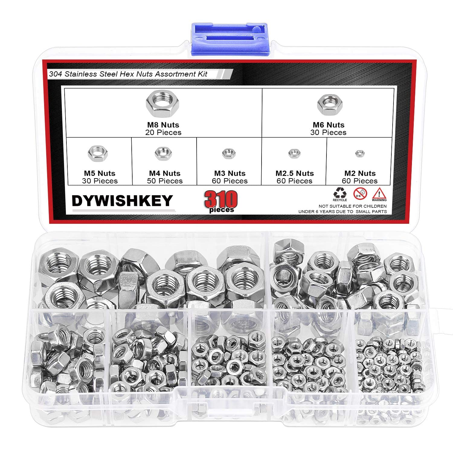 310 Pieces Metric 304 Stainless Steel Hex Nuts Assortment Kit for Screw Bolt (M2 M2.5 M3 M4 M5 M6 M8)
