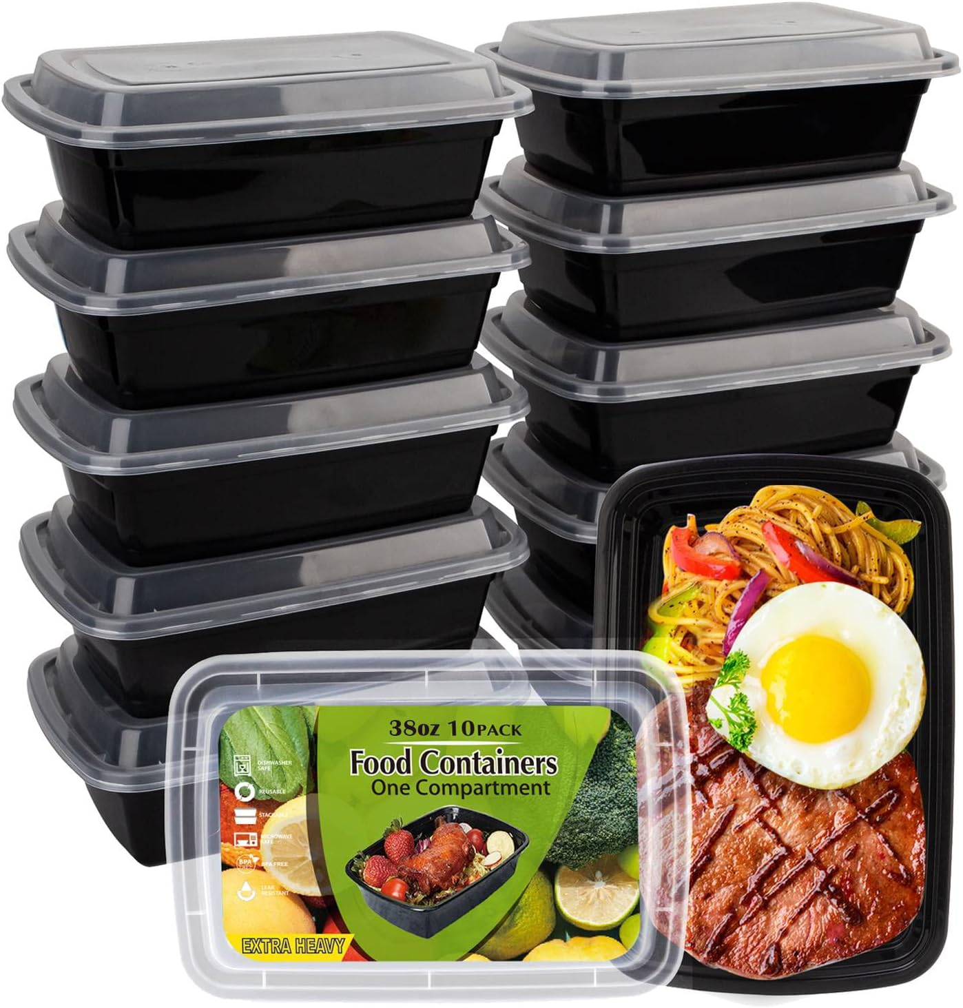 Meal Prep Containers [38OZ] Plastic Food Storage Containers with Lids,10-Pack Reusable to Go Containers, Disposable Food Prep Container, Bpa-Free, Stackable, Microwave/Dishwasher/Freezer Safe