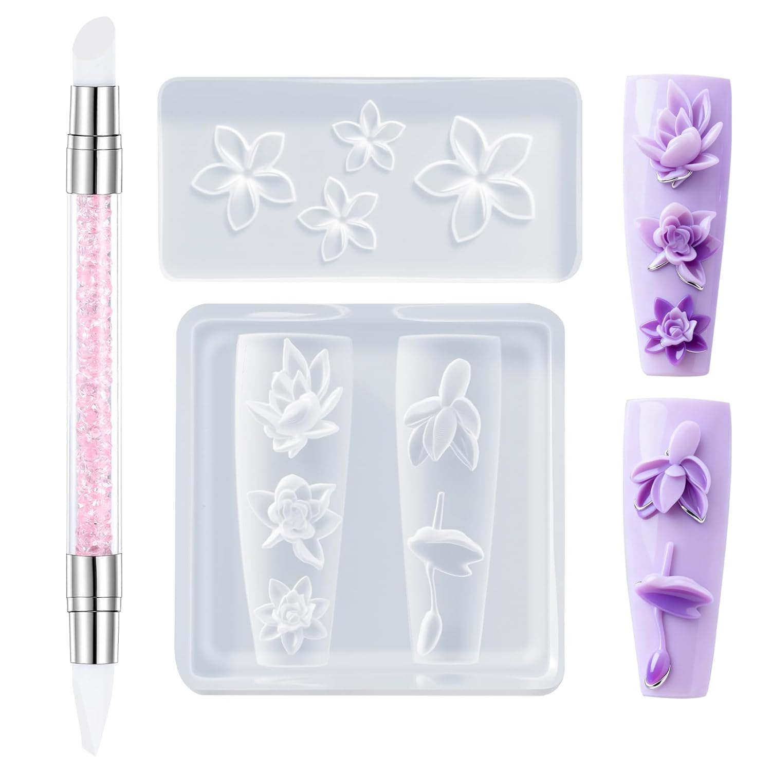 Silicone Nail Art Molds - 3D Flower Design with Carving Pen, 2 Pcs Set