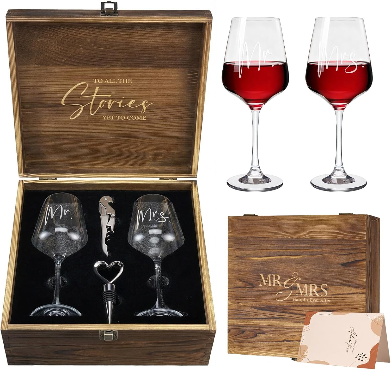 Mr and Mrs Wine Glasses Wedding Gifts for Couples 2026, Engagement Gift for Newly Engaged Couple, Bridal Shower and Bachelorette Gifts for Bride, Wine Opener Stopper and Wooden Keepsake Box