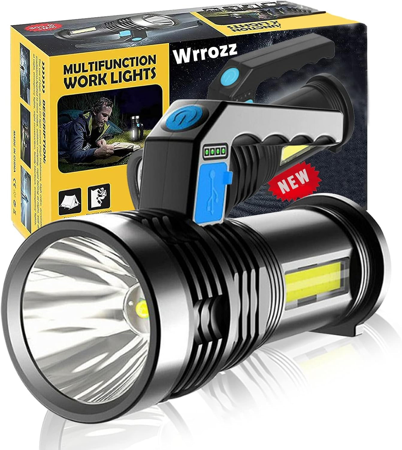 LED Flashlight High Lumens USB Rechargeable Flashlight for Camping, Hiking, Walking, Powerful Emergency Flashlight with 4 Modes for Outdoor Use, Bright Flashlight with Sidelight Lantern