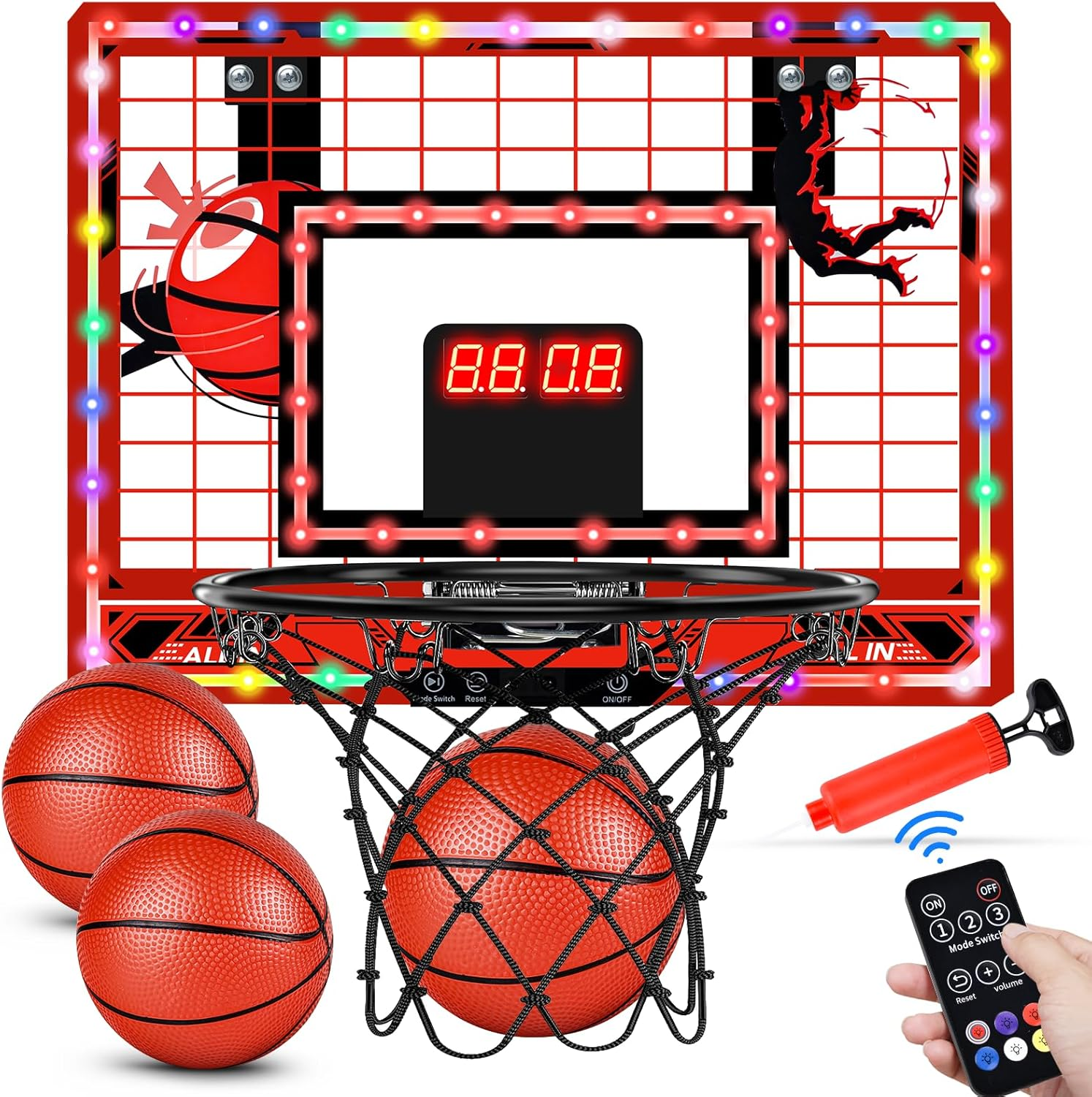 Basketball Hoop Indoor for Kids-Over the Door Mini Basketball Hoop with LED Light, Scoreboard, Remote Control|Upgrade 3 Modes Games| Boys Girls Toys for Ages 3 4 5 6 7 8 9 10+ Birthday Gifts