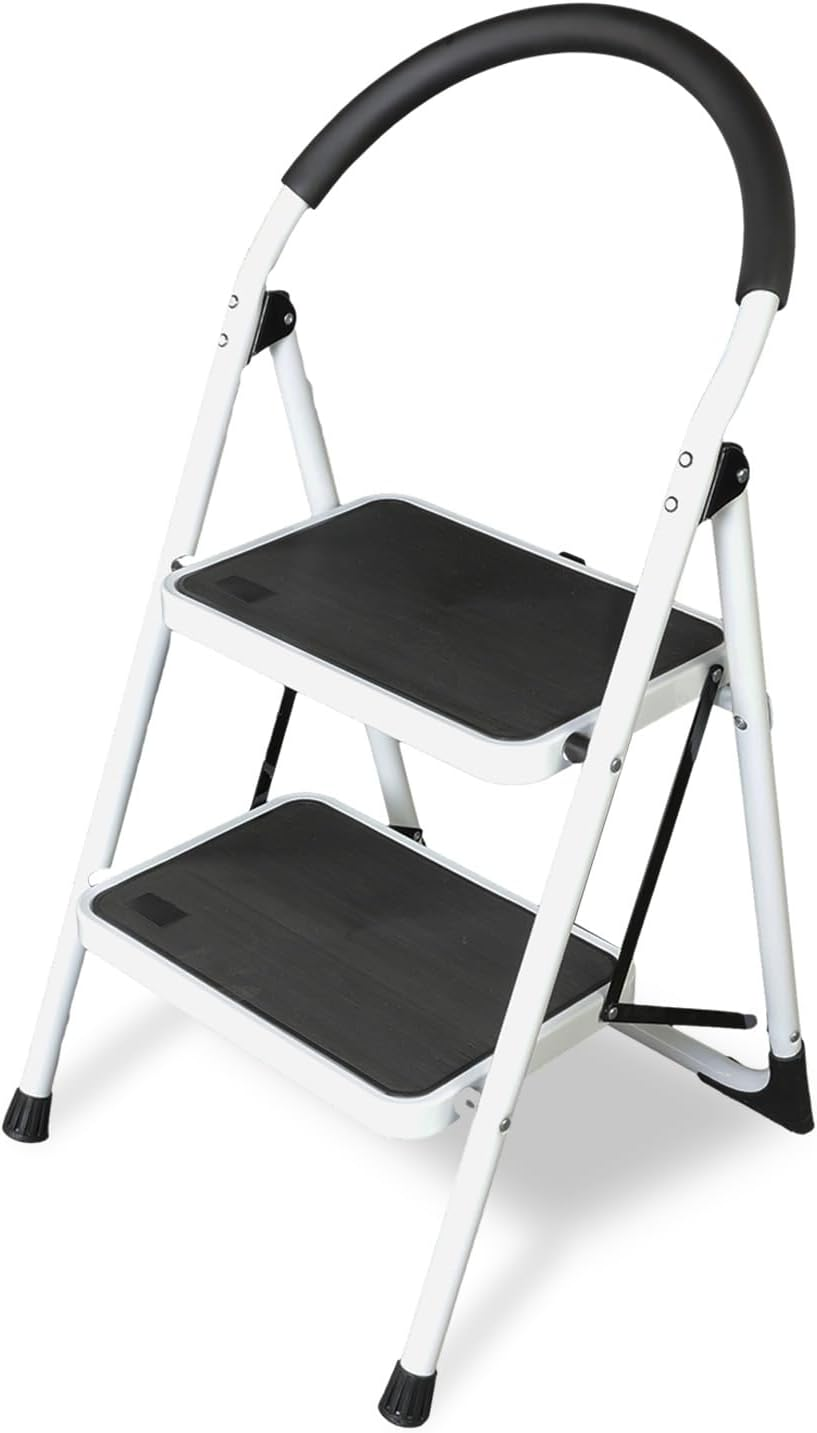 2 Step Ladder: Ergonomic Folding Stool with Anti-Slip Pedal, Step Stool with Padded Handle for Kitchen, Household, Offices. 400 Lb Capacity