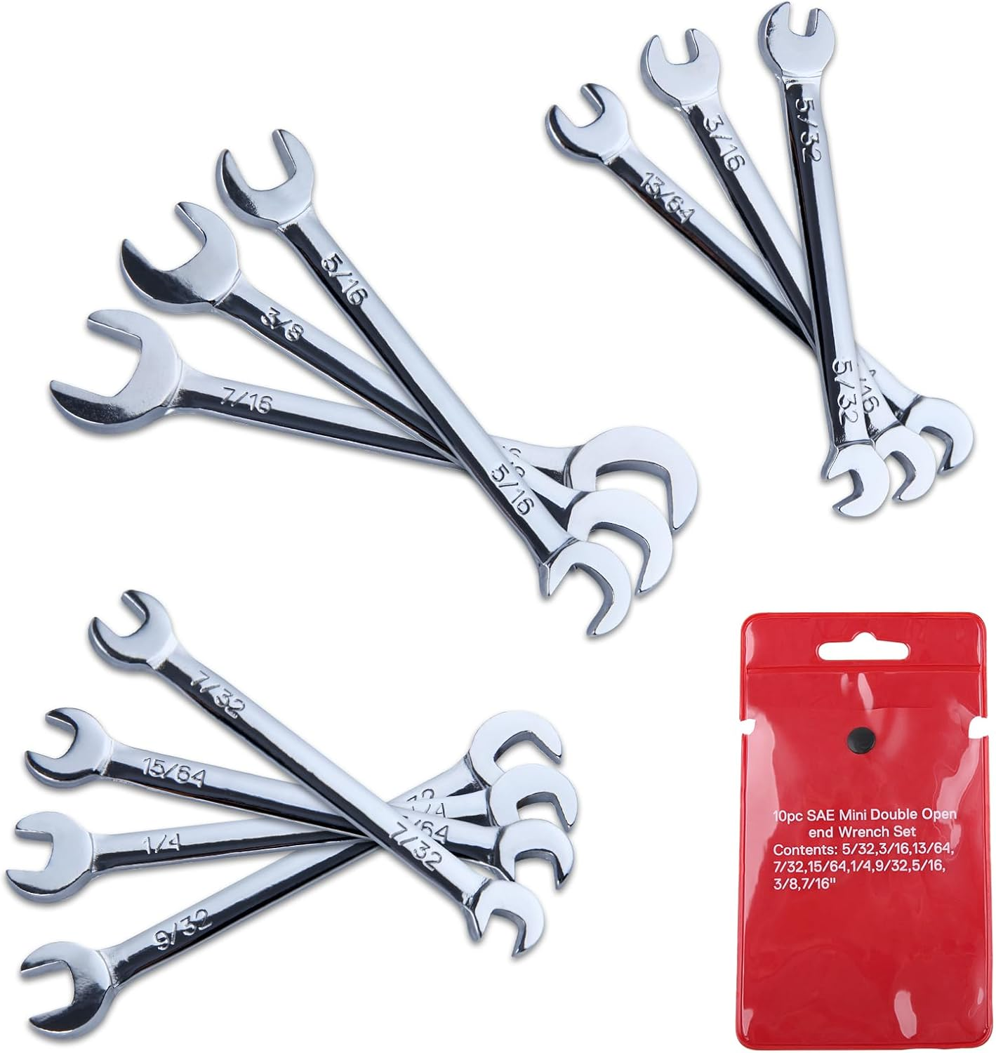 Super-Thin Open End Wrench Set SAE 10-Piece Including 5/32