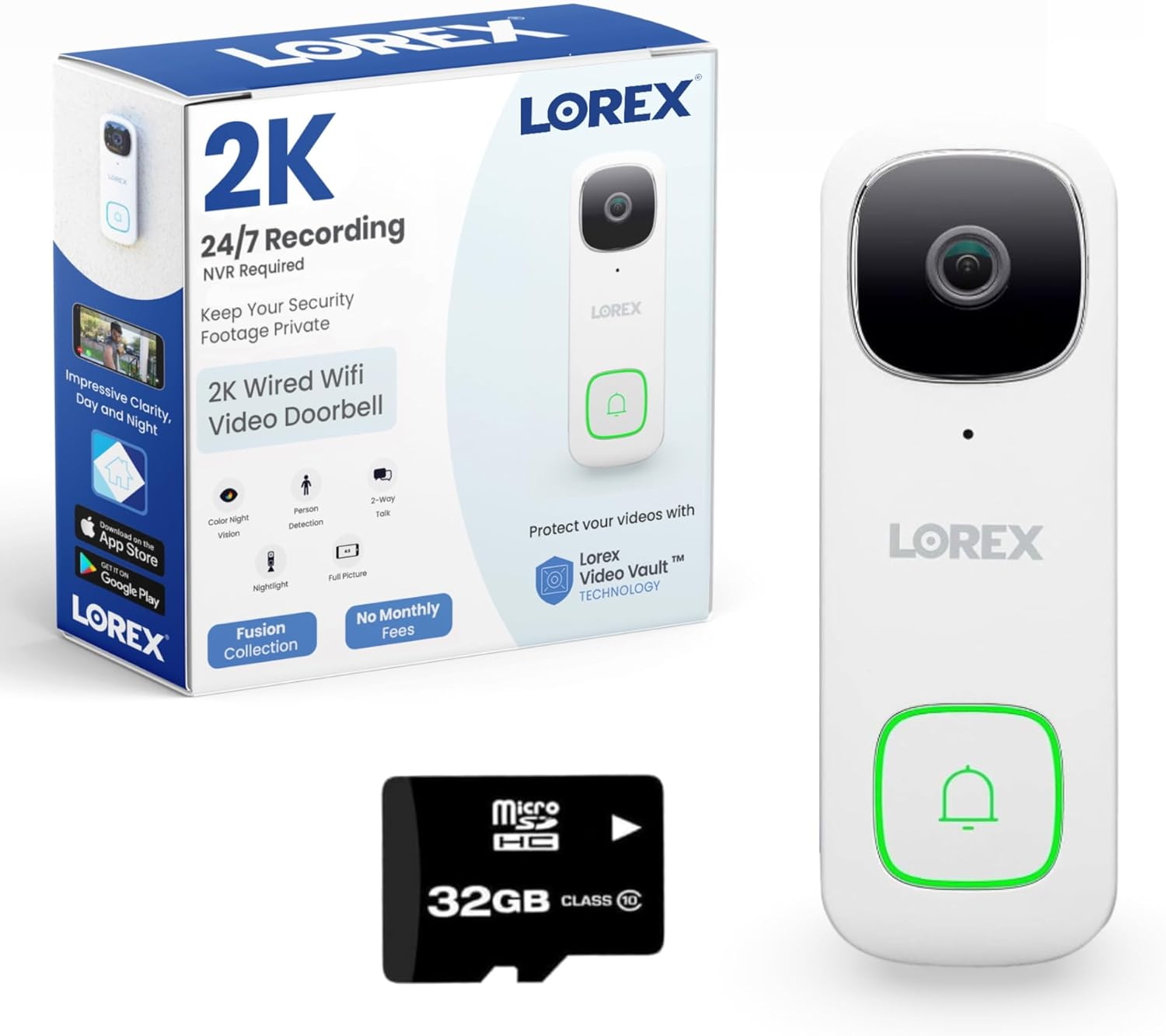 Lorex 2K Wired Wifi Smart Video Doorbell Camera W/No Subscription Fee - Smart Security Lighting, Night Vision, Motion Detection, Requires Existing Wiring (White)