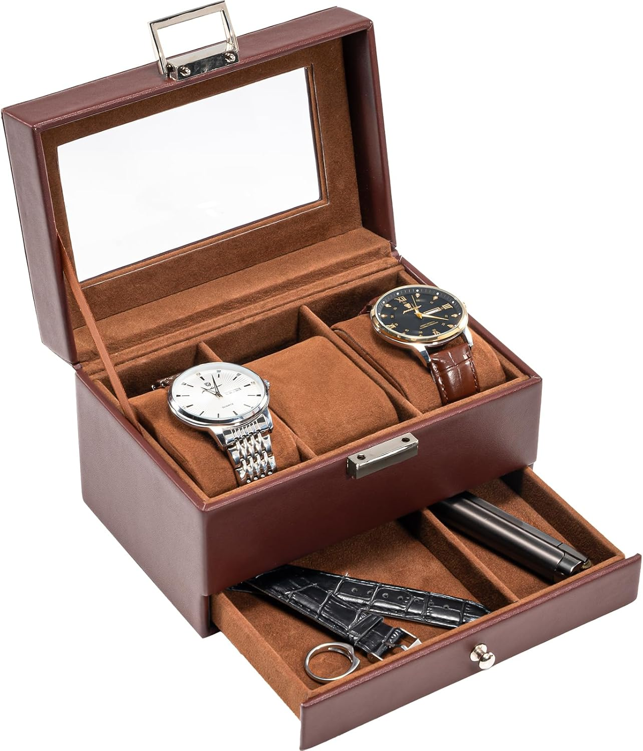3 Slot Watch Box with Drawer Glass Display Case Jewelry Organizer Storage Holder