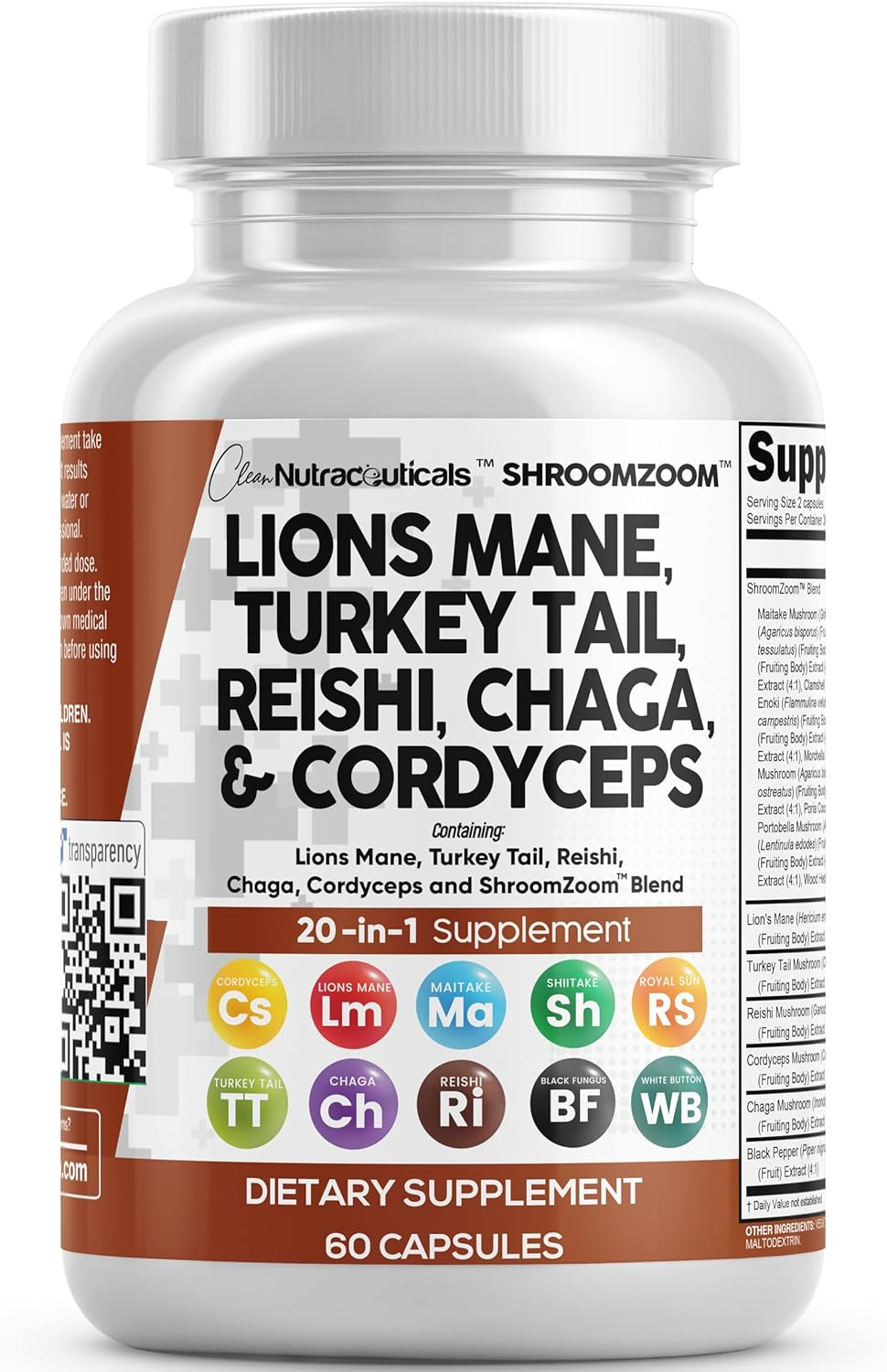 Clean Nutraceuticals Lions Mane 20In1 Mushroom Supplement with Turkey Tail Reishi Cordyceps Chaga Maitake Meshima Poria Cocos Shiitake Oyster Porcini Enoki - Pack