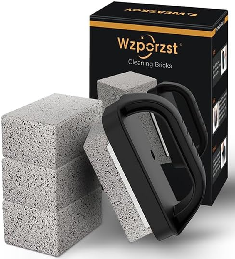 Heavy Duty Griddle Cleaning Brick with Handle- Compatible with Blackstone Flat Top Grills, Commercial Grade Pumice Stone, Easy Grip & Scrape (4 Pack)