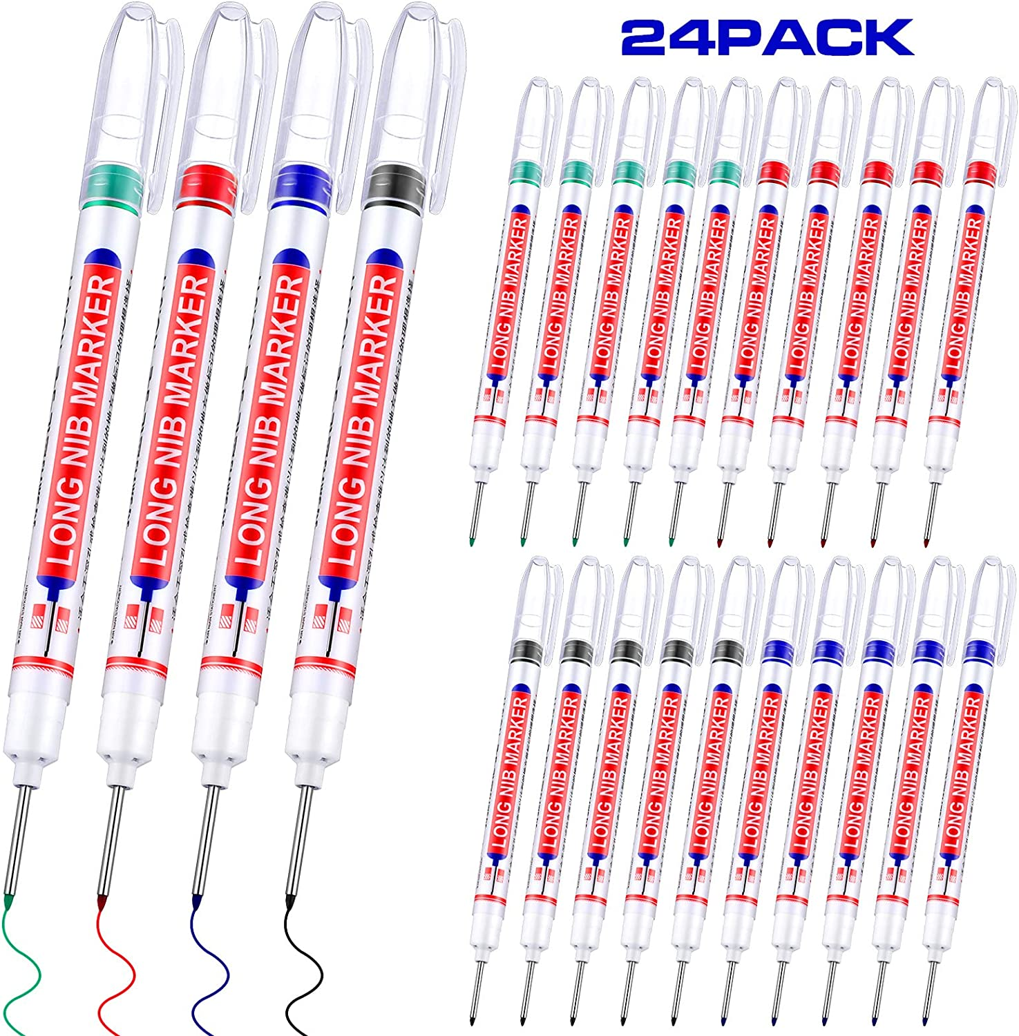 Eersida Multi-Purpose Deep Hole Marker Pens 20Mm Long Head Drill Deep Nib Markers Colorful Waterproof Carpenter Pens for Construction Bathroom Woodworking(24 Pieces)