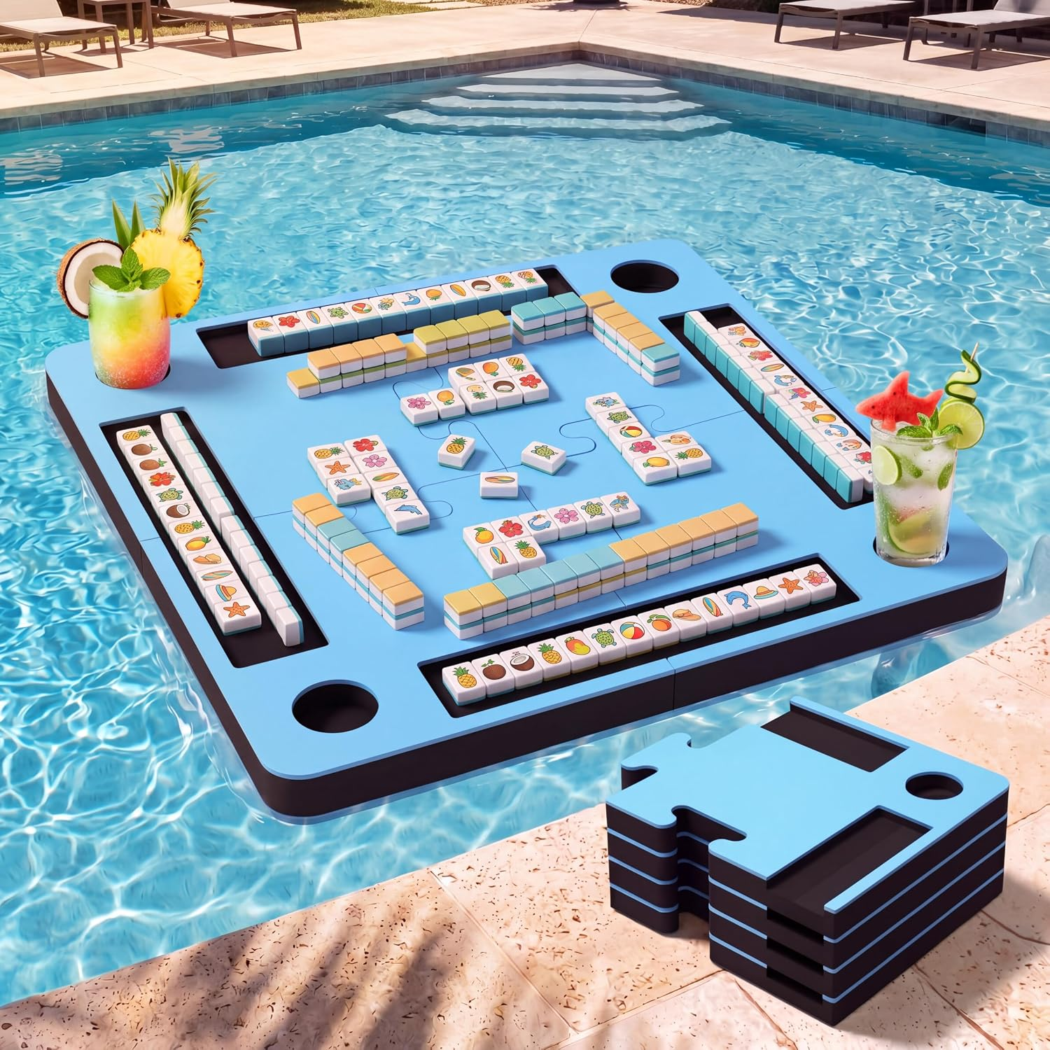 Foldable 33.5 Inch Floating Mahjong Table for Pool - Detachable Water Game Table for Card Domino and Tile Games Portable Swimming Pool and Hot Tub Float Board Game Tray for Adults