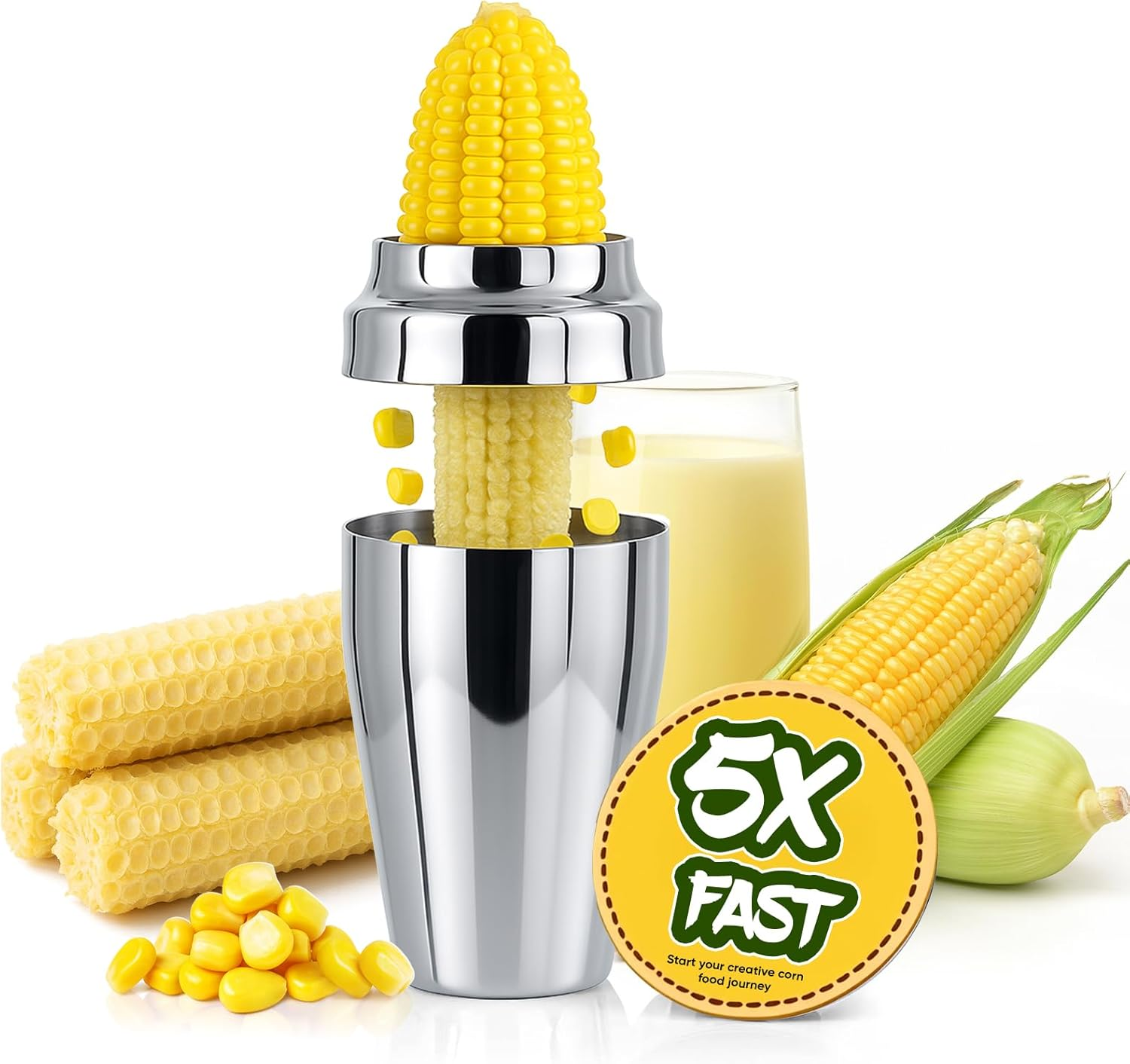 YYP Corn Cutter Peeler, Corn Cob Stripper with Cup [No Splatters or Mess], 304 Stainless Steel Corn on the Cob Remover Kitchen Tool, Corn Kernel Shucker Separator Slicer with Serrated Sharp Blade