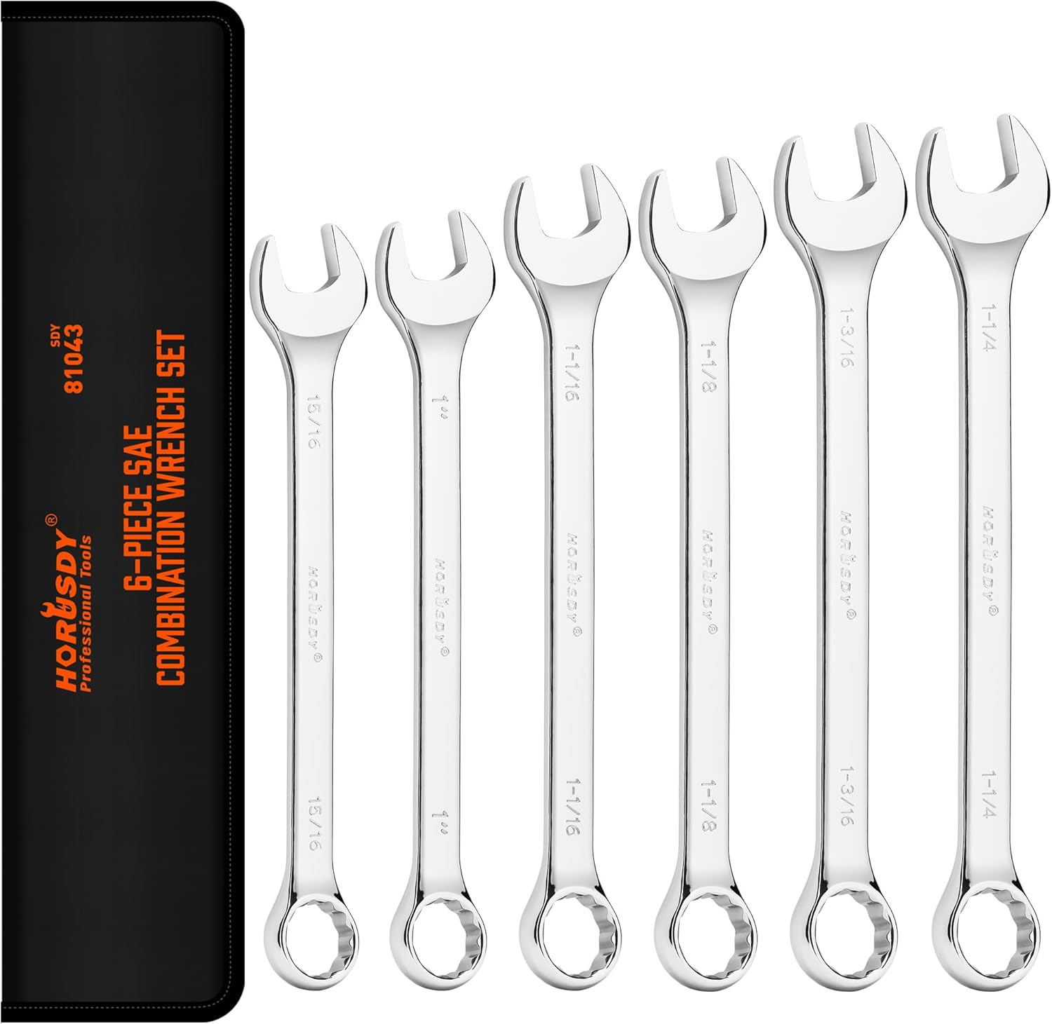 HORUSDY Large Wrench Set with Rolling Pouch | SAE | 6-Piece | 15/16″, 1″, 1-1/16″, 1-1/8″, 1-3/16″, 1-1/4″ | 12 Point | Chrome Vanadium Steel