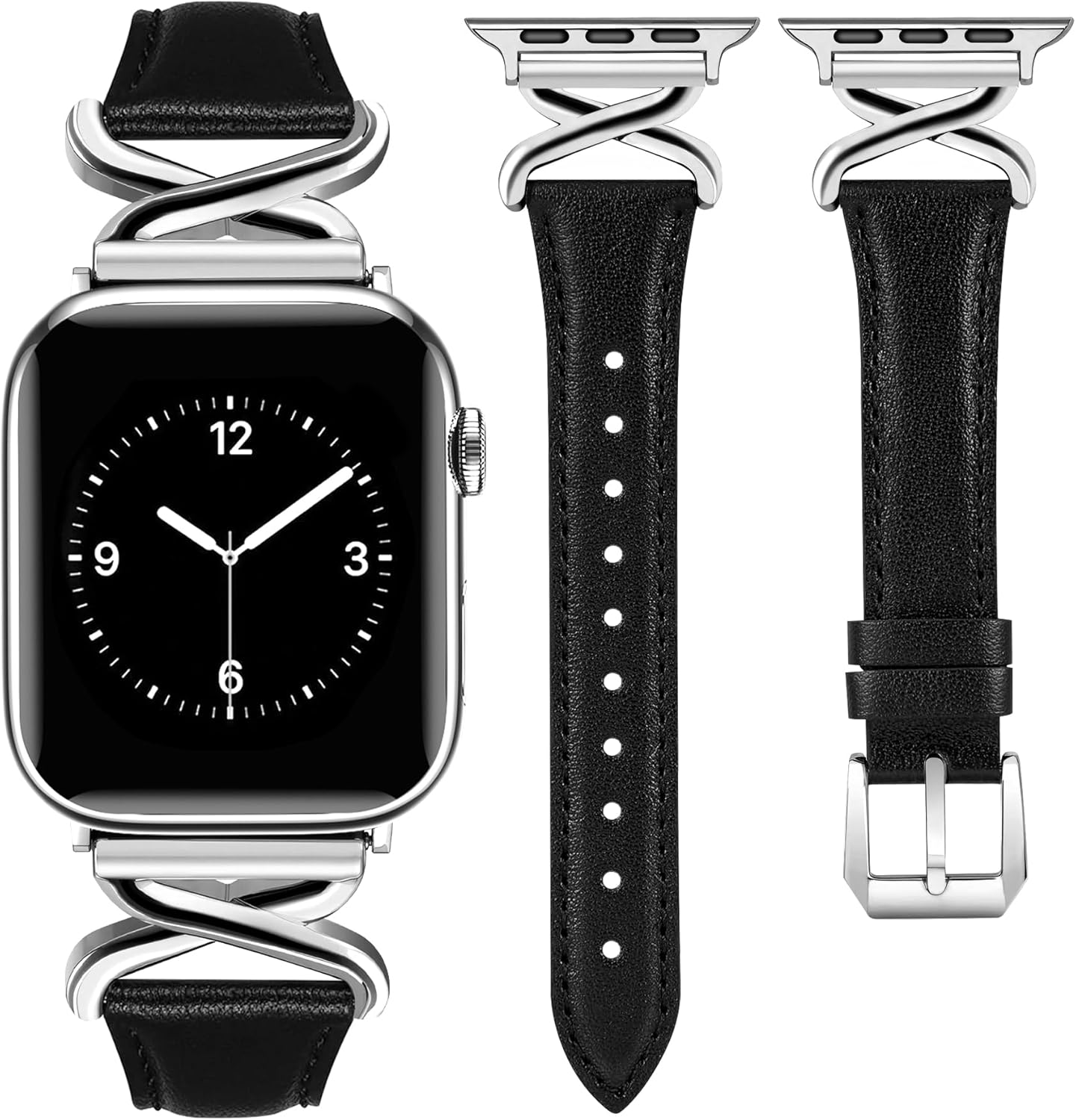 Leather Bands Women Compatible with Apple Watch 40Mm 38Mm 44Mm 45Mm 41Mm 42Mm 46Mm 49Mm Dressy Slim Fancy Strap with X-Shaped Metal Crown for Iwatch Series Ultra/Se/10/9/8/7/6/5/4/3/2/1 Black