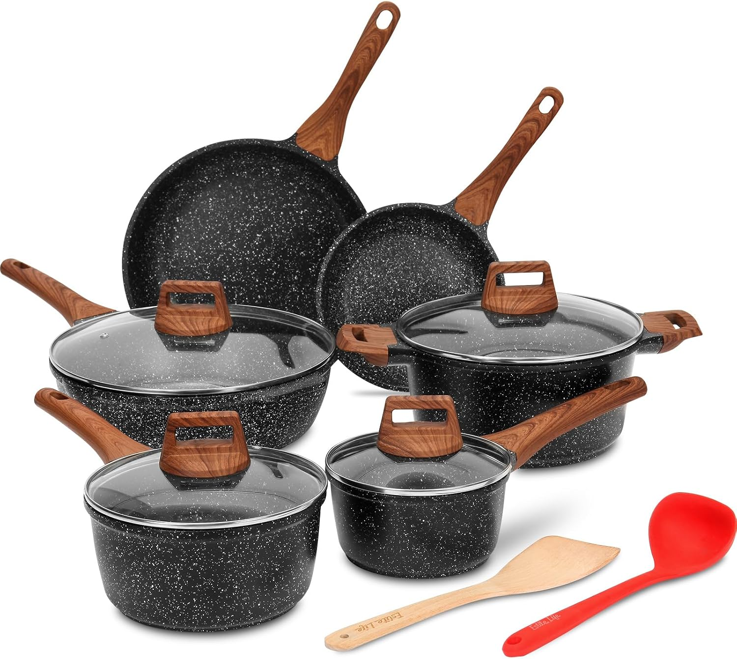 Nonstick Cookware Sets, 12 Pcs Granite Coating Pots and Pans Set Kitchen Cooking Set, Compatible with All Stovetops (Gas, Electric & Induction), PFOA Free, Black