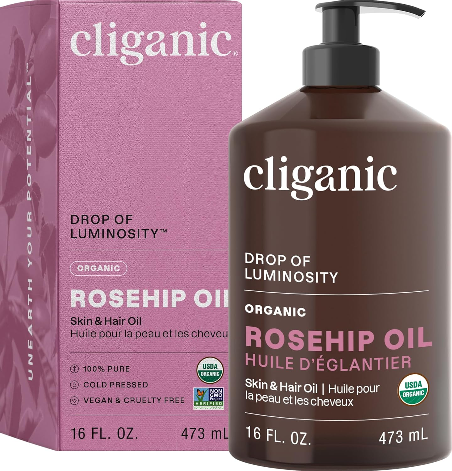 Organic Rosehip Seed Oil 16Oz with Pump for Face, Hair & Body, 100% Pure (Packaging May Vary)