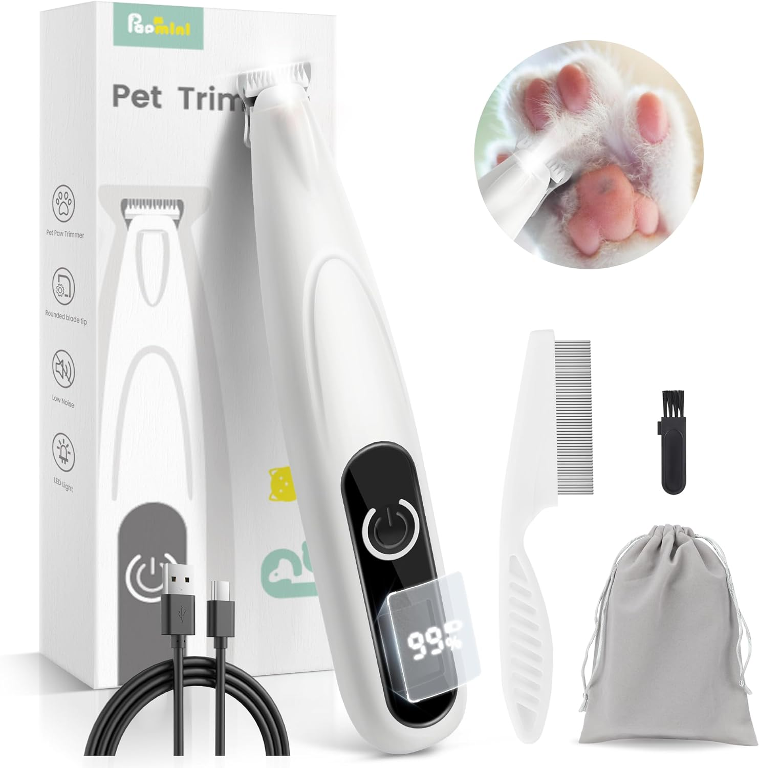 Dog Grooming Kit with LED Display, 35Db Ultra-Low Noise Dog Paw Trimmer, Cordless Hair Trimmer for Paws, Ears, Face, Rump with LED Light