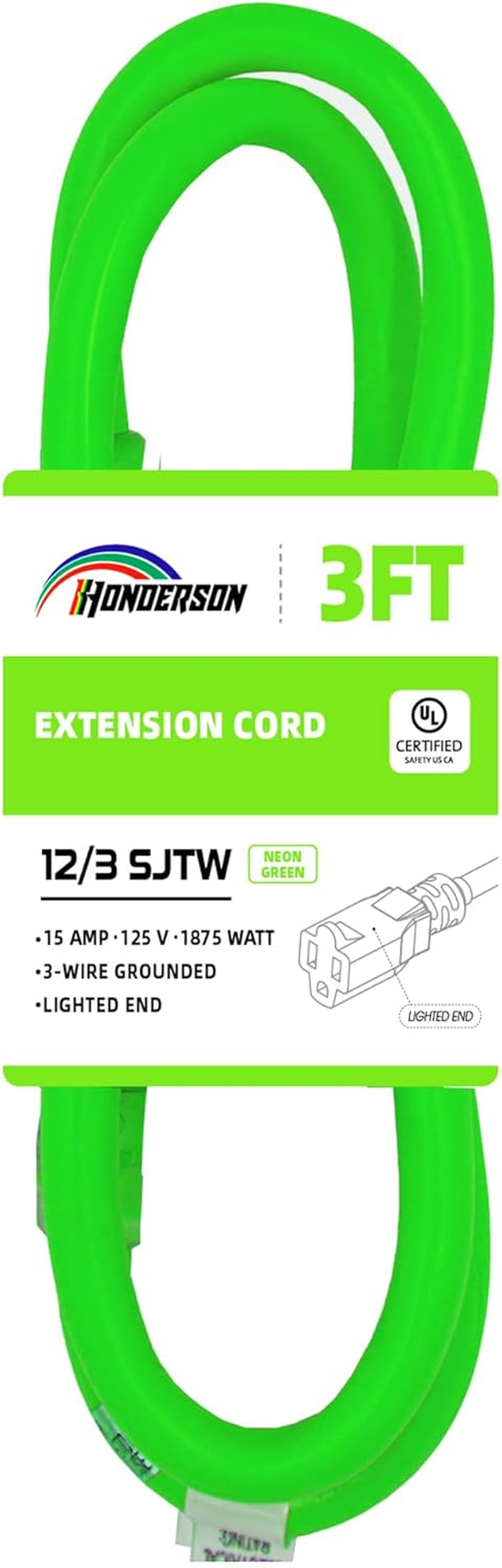 Extension Cord Weatherproof with Lighted End, UL Listed, 12 Gauge 3FT Green 3 Prong Heavy Duty, 12/3 SJTW 15A Power Cord for Lights, Lawn