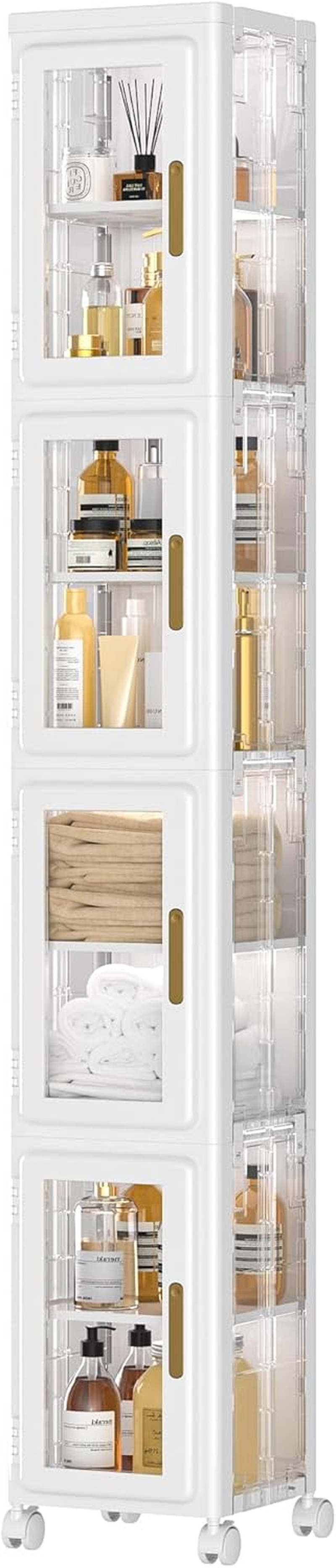 4 Tier Tall Plastic Slim Storage Cabinet with Lockable Wheels, Adjustable Shelves, Anti-Tip for Bathroom, Living Room, Laundry Room, Kitchen, Narrow/Small Space, Easy Assembly, Clear