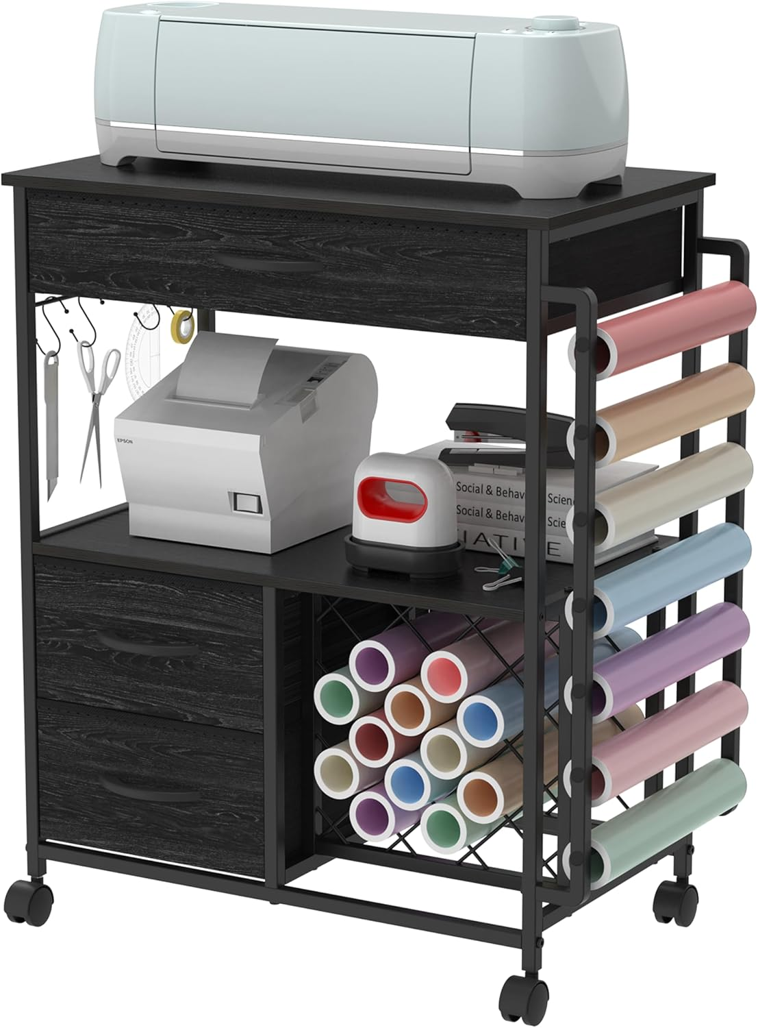 Storage Cart Compatible with Cricut Machines Stand Cutting Machine Stand with Drawers and Vinyl Roll Holder Rolling Craft Cabinet Table for Cricut Craft Workstation for Cart Craft Room (Black)