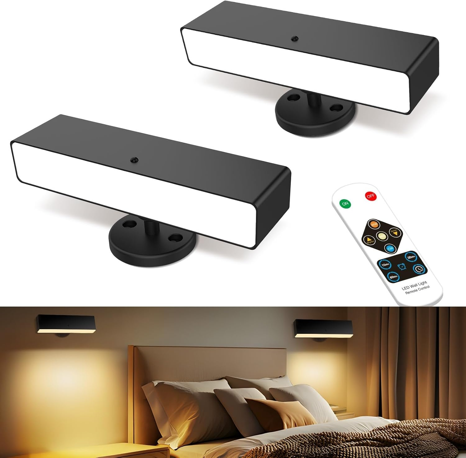 Rechargeable Battery Operated Wall Sconce Set of 2: Wireless Black Wall Lights Battery Powered Magnetic 360° Rotation Cordless Scone Adhesive LED Wall Mount Lamp for Bedroom Reading Picture RV