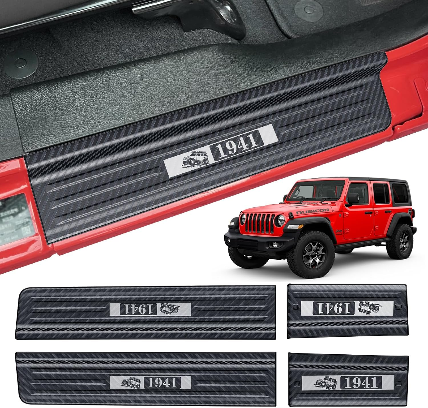 Door Sill Guards for Gladiator JT 2020-2025 & Jeep Wrangler 2018-2025 JL JLU 304 Stainless Steel Front and Rear Door Car Pedal Kick Protection Door Sill Protector | Carbon Fiber, 2025 Design
